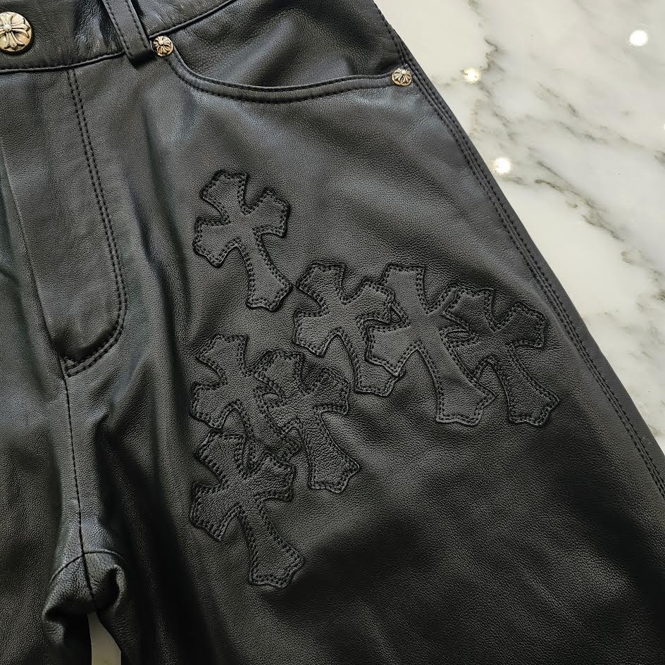 CHROME HEARTS Cemetery Leather Cross Patch Flare Knee Soft Leather Long Pants Size 12Y クロムハーツ セメタリーレザー クロスパッチ フレアニー ソフトレザー ロングパンツ サイズ12Y