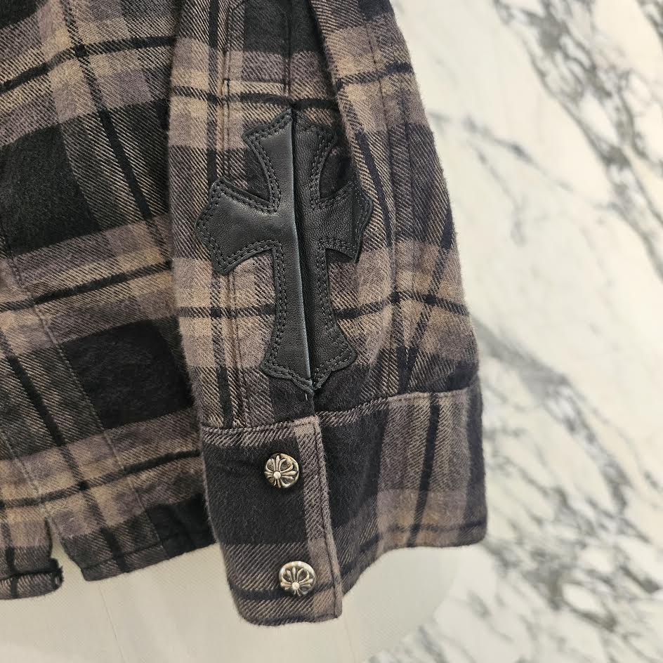 CHROME HEARTS Y NOT Cross Ball Button Leather Cross Patch Check Shirt Size M クロムハーツ ワイノット クロスボールボタン レザークロスパッチ チェックシャツ サイズM
