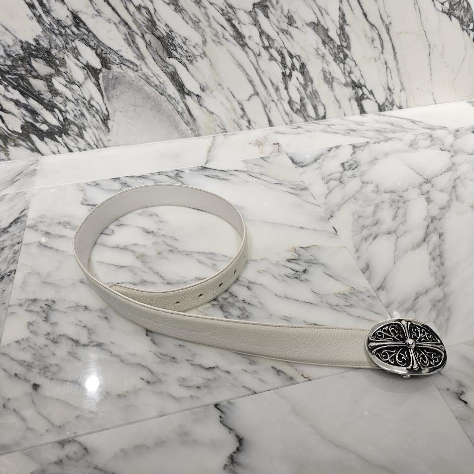 CHROME HEARTS Classic Oval Cross Belt Buckle Scroll Label Rivets Leather Belt Size 32 クロムハーツ クラシックオーバルクロス ベルトバックル スクロールラベル リベッツ レザー ベルト 5穴 サイズ32