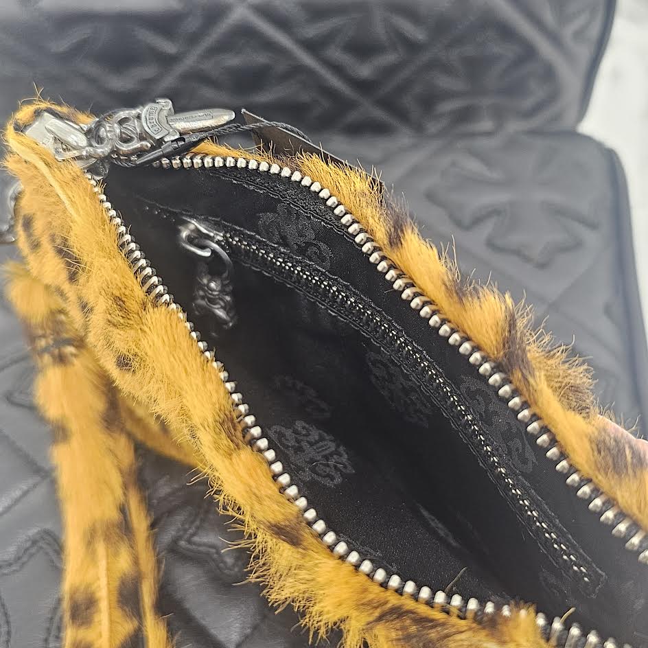 CHROME HEARTS Leopard Cross Leather Patch Fur Zipper Change Purse