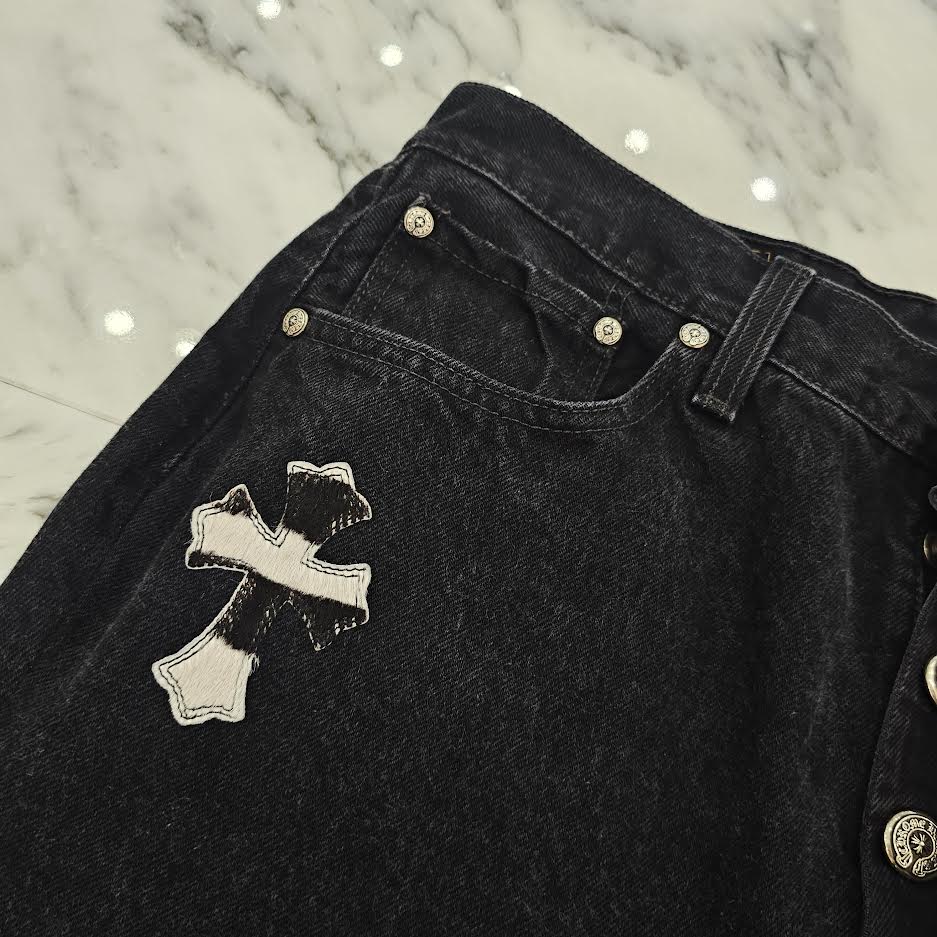 CHROME HEARTS × Levi's 501 VNTG Zebra Harako Leather Cross Patch Denim Pants Size 32 クロムハーツ × リーバイス 501 ヴィンテージ ゼブラ ハラコ レザークロスパッチ デニムパンツ サイズ32