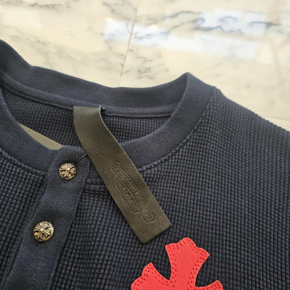 CHROME HEARTS Y NOT Leather Cross Patch Polo Thermal Long Sleeve Tee Size S クロムハーツ ワイノット レザークロスパッチ ポロ サーマル ロングスリーブ Tシャツ サイズS