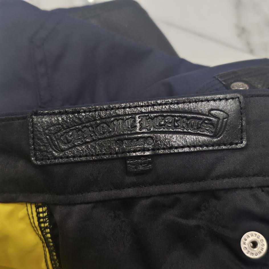 CHROME HEARTS Carpenter Leather Double Knee Nylon Yellow Cross Patch Pants Size 36 クロムハーツ カーペンター レザーダブルニー ナイロン イエロークロスパッチ ロングパンツ サイズ36