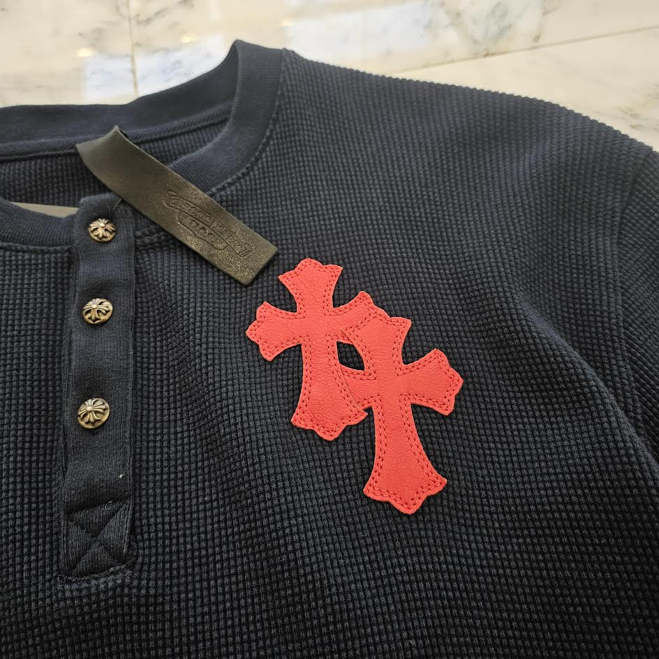 CHROME HEARTS Y NOT Leather Cross Patch Polo Thermal Long Sleeve Tee Size S クロムハーツ ワイノット レザークロスパッチ ポロ サーマル ロングスリーブ Tシャツ サイズS