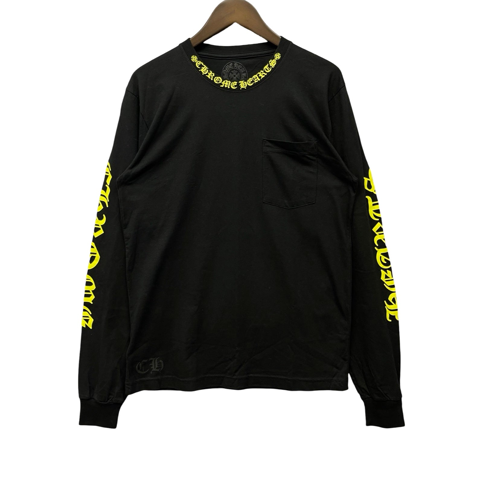 CHROME HEARTS Old English Neck Logo Neon Yellow Long Sleeve Tee Size L