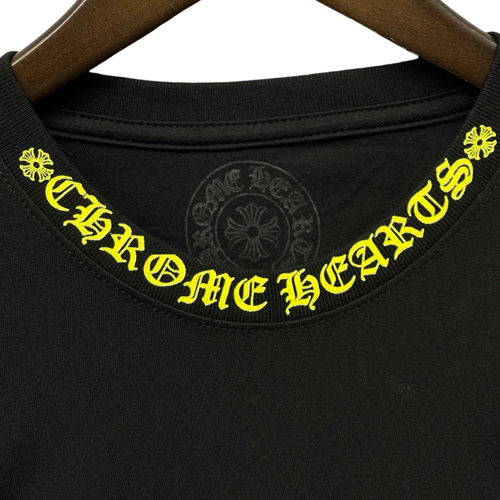 CHROME HEARTS Old English Neck Logo Neon Yellow Long Sleeve Tee Size L