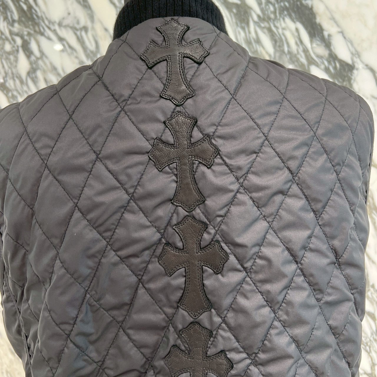 CHROME HEARTS Papa Leather Cross Patch Quilting Vest Size M クロムハーツ パパ レザークロスパッチ ベスト サイズM