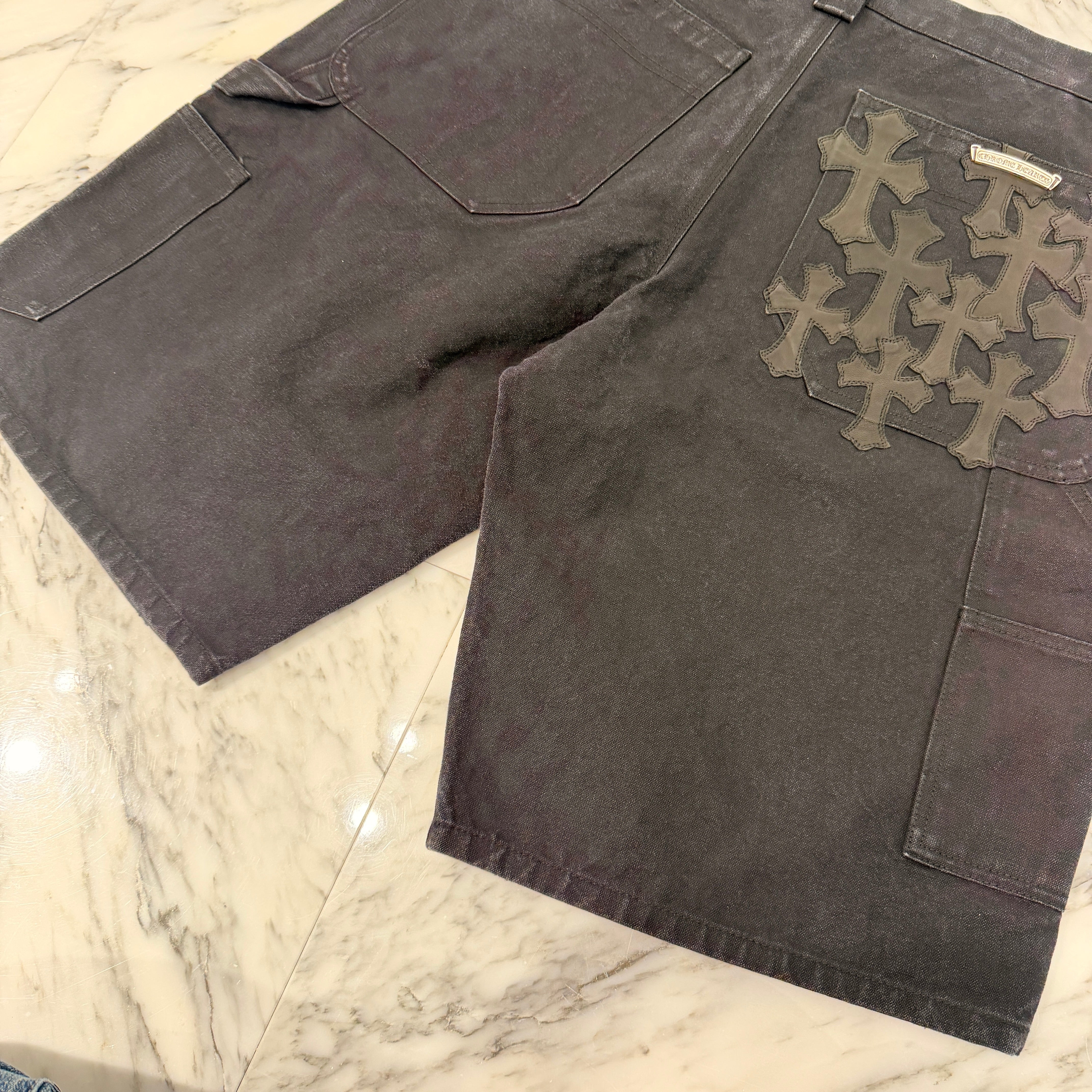 CHROME HEARTS Carpenter Cemetery Cross Patch Denim Shorts Size 34