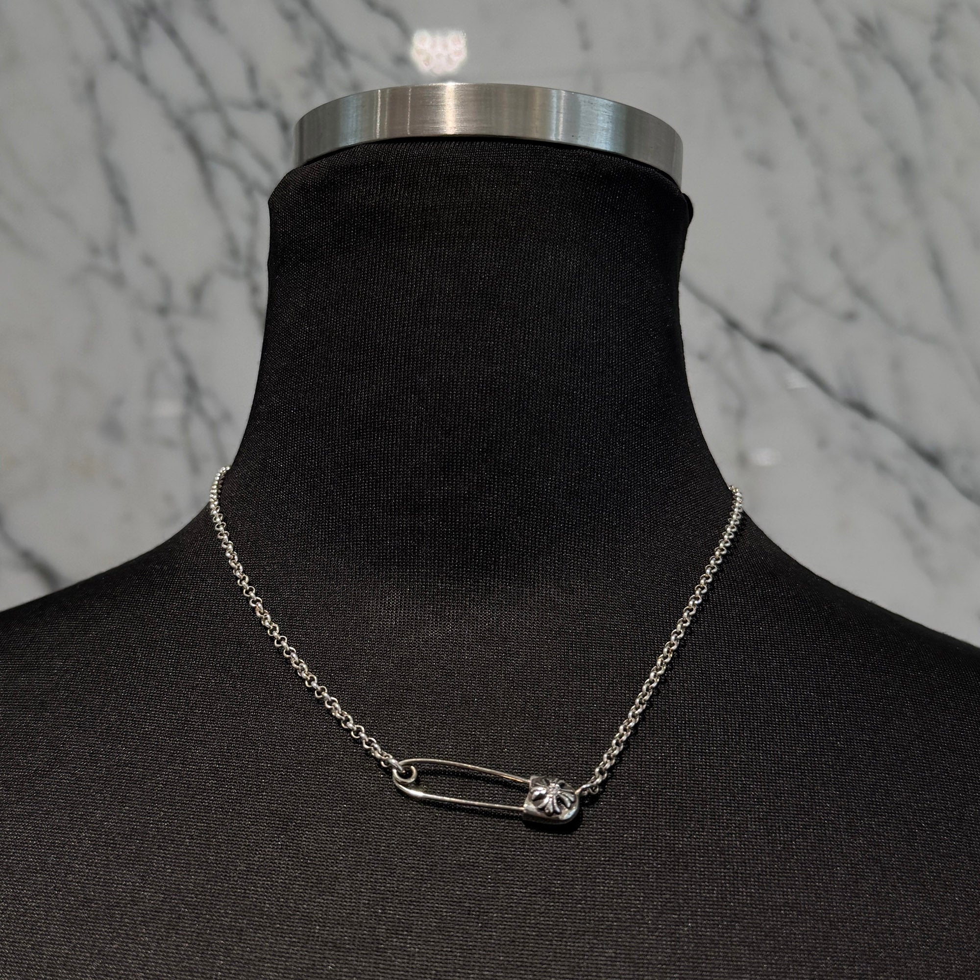 CHROME HEARTS Safety Pin Pendant Top 1 Diamond Roll Chain Necklace Size 16 Inch クロムハーツ セーフティピン 1ダイヤモンド ペンダントトップ ロールチェーン ネックレス サイズ16インチ