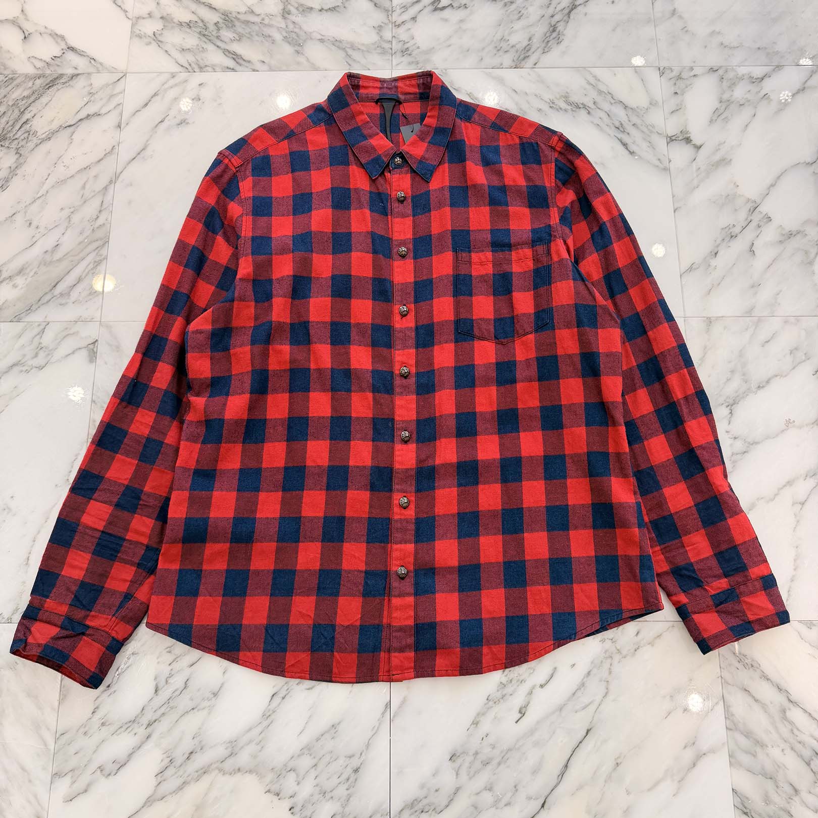 CHROME HEARTS Y NOT Loose Ends Star Leather Patch Check Shirt Size XXL クロムハーツ ワイノット ルーズエンド スターレザーパッチ チェックシャツ サイズXXL