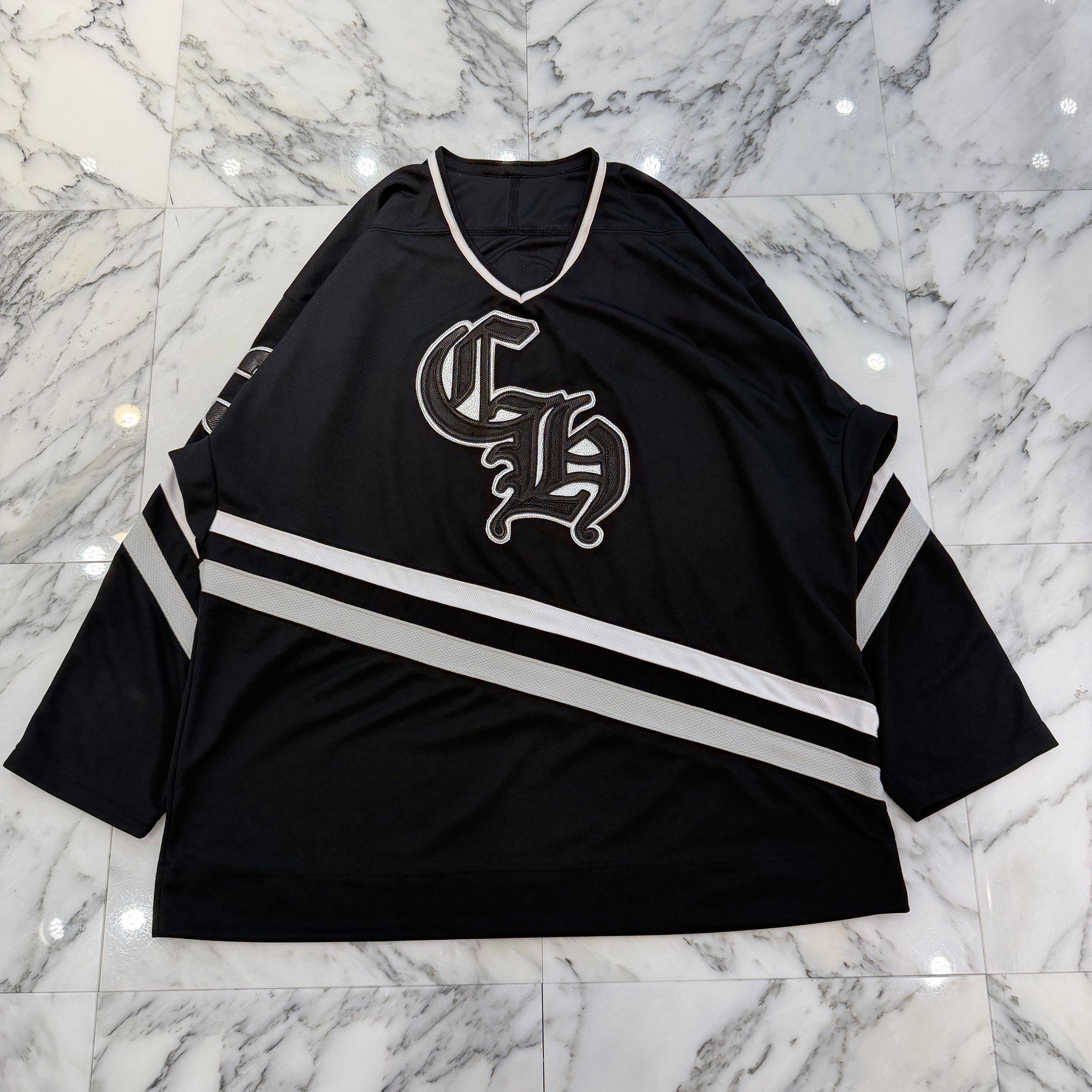 CHROME HEARTS Leather Silver Cross Patch Hockey Shirt Size XL クロムハーツ レザーシルバークロスパッチ ホッケーシャツ ジャージー サイズXL