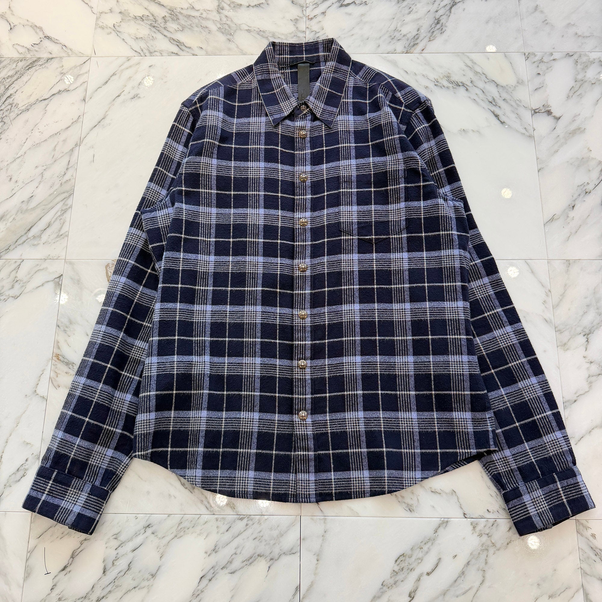 CHROME HEARTS Y NOT Floral Cross Leather Patch Loose Ends Check Shirt Size L クロムハーツ ワイノット フローラルクロスレザーパッチルーズエンド チェックシャツ サイズL