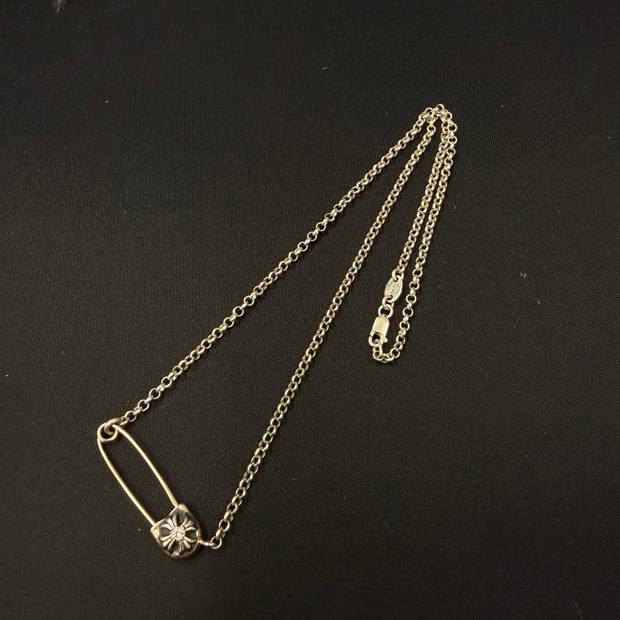 CHROME HEARTS Safety Pin Pendant Top 1 Diamond Roll Chain Necklace Size 16 Inch クロムハーツ セーフティピン 1ダイヤモンド ペンダントトップ ロールチェーン ネックレス サイズ16インチ