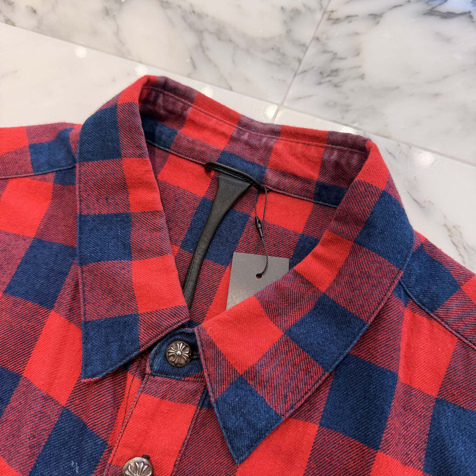 CHROME HEARTS Y NOT Loose Ends Star Leather Patch Check Shirt Size XXL クロムハーツ ワイノット ルーズエンド スターレザーパッチ チェックシャツ サイズXXL