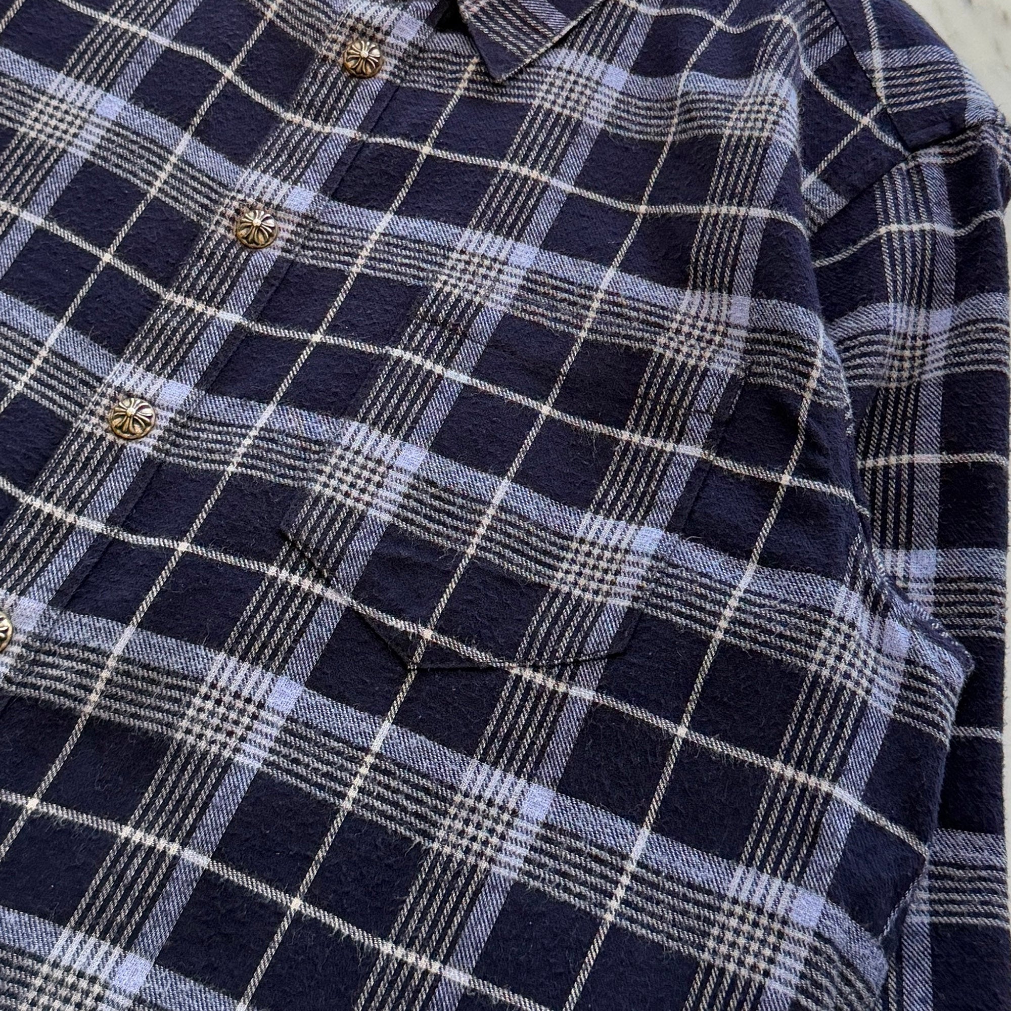 CHROME HEARTS Y NOT Floral Cross Leather Patch Loose Ends Check Shirt Size L クロムハーツ ワイノット フローラルクロスレザーパッチルーズエンド チェックシャツ サイズL