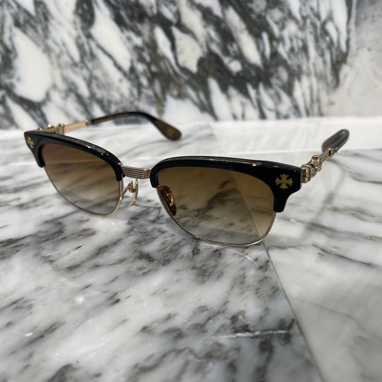 CHROME HEARTS BONENNOISSEUR II Temple CH Cross Half Rim Sunglasses Size 53□19-150 クロムハーツ ボネノワスール テンプルCHクロス ハーフリム サングラス サイズ53□19-150