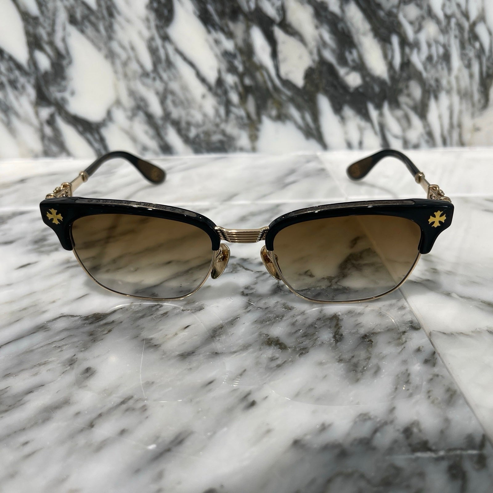 CHROME HEARTS BONENNOISSEUR II Temple CH Cross Half Rim Sunglasses Size 53□19-150 クロムハーツ ボネノワスール テンプルCHクロス ハーフリム サングラス サイズ53□19-150