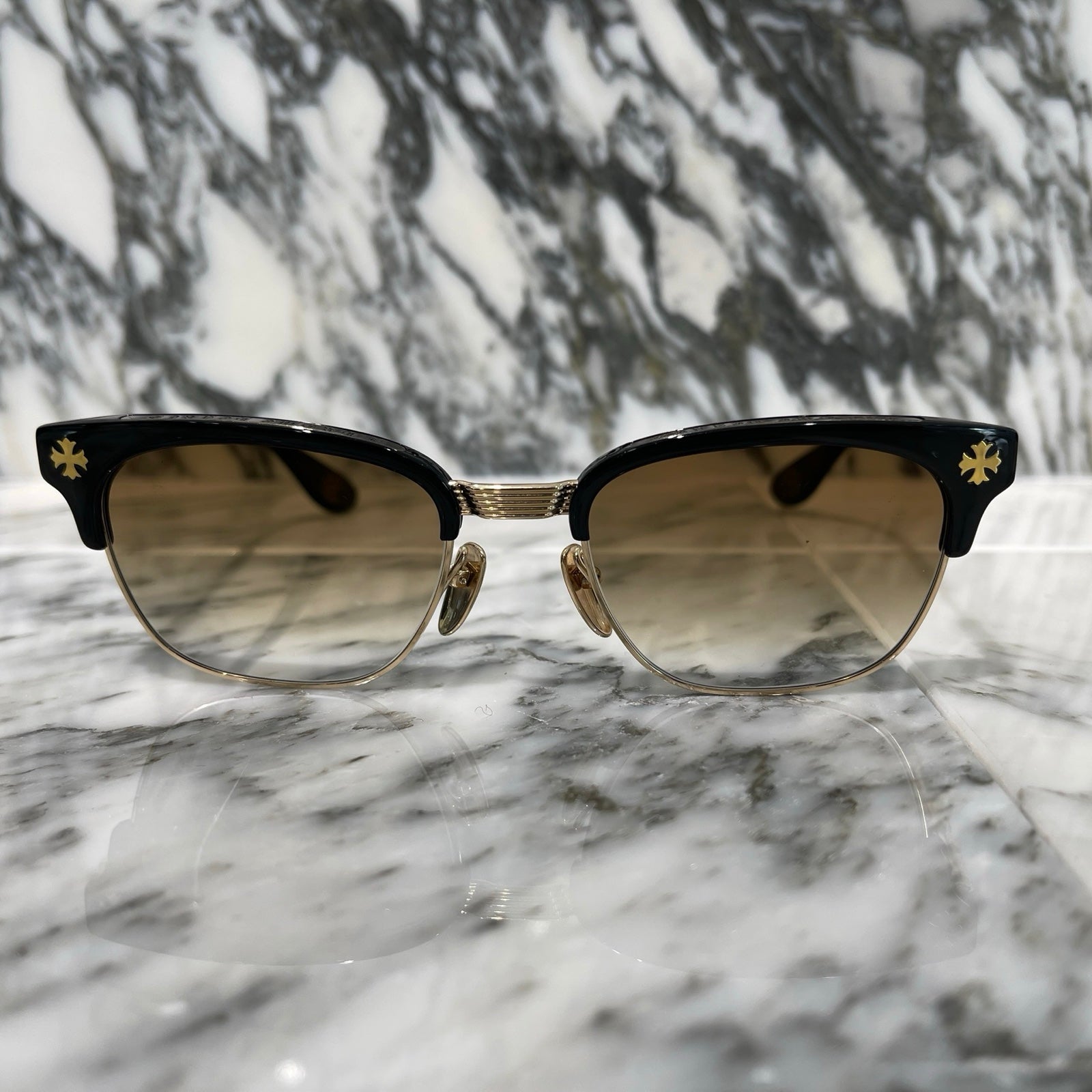 CHROME HEARTS BONENNOISSEUR II Temple CH Cross Half Rim Sunglasses Size 53□19-150 クロムハーツ ボネノワスール テンプルCHクロス ハーフリム サングラス サイズ53□19-150