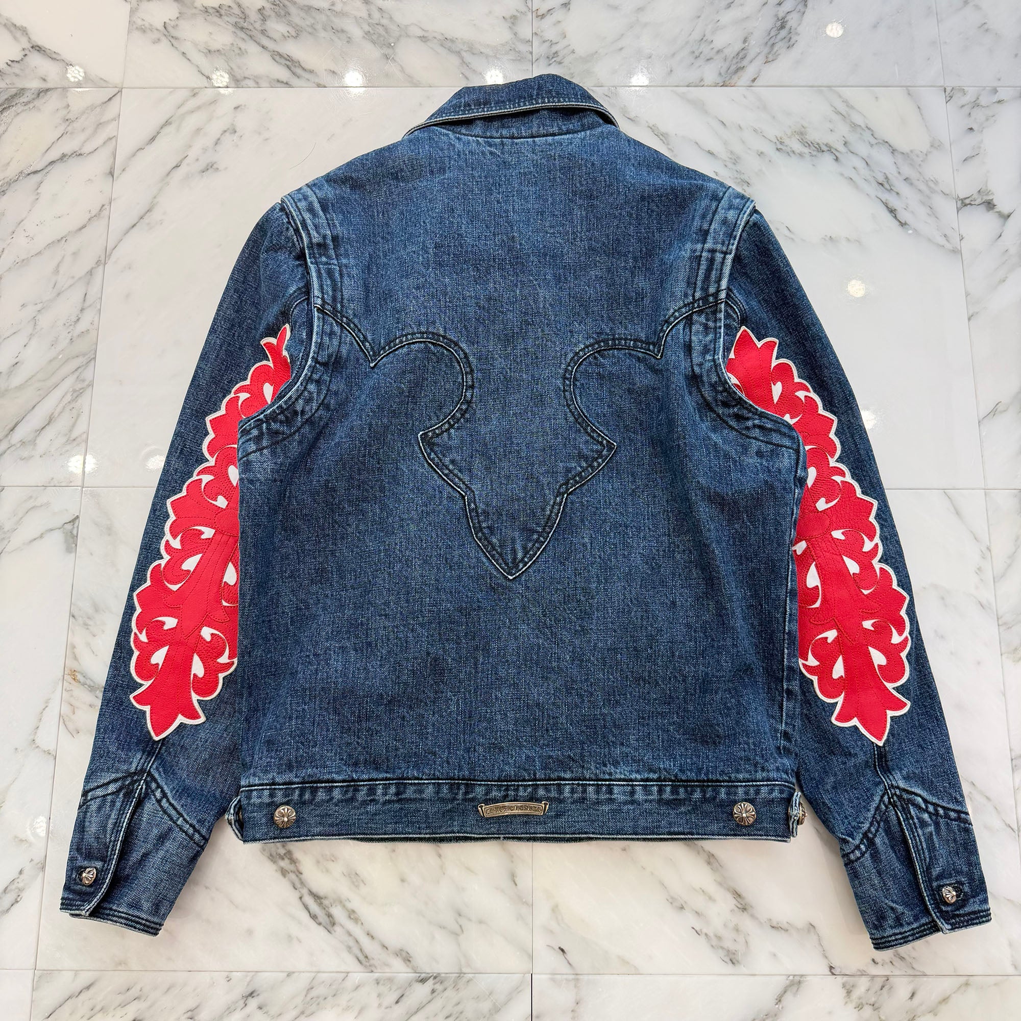 CHROME HEARTS Floral Cross Leather Patch Flare Knee Sleeve Denim Jacket Size S クロムハーツ フローラルクロス レザーパッチ フレアニー スリーブ デニムジャケット サイズS