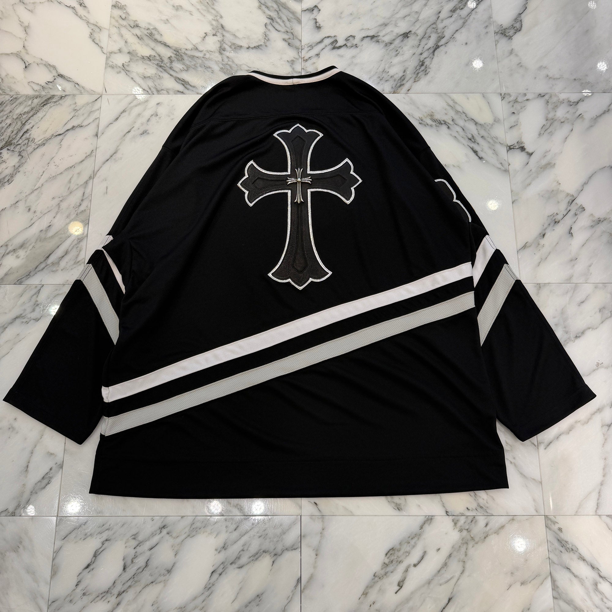 CHROME HEARTS Leather Silver Cross Patch Hockey Shirt Size XL クロムハーツ レザーシルバークロスパッチ ホッケーシャツ ジャージー サイズXL