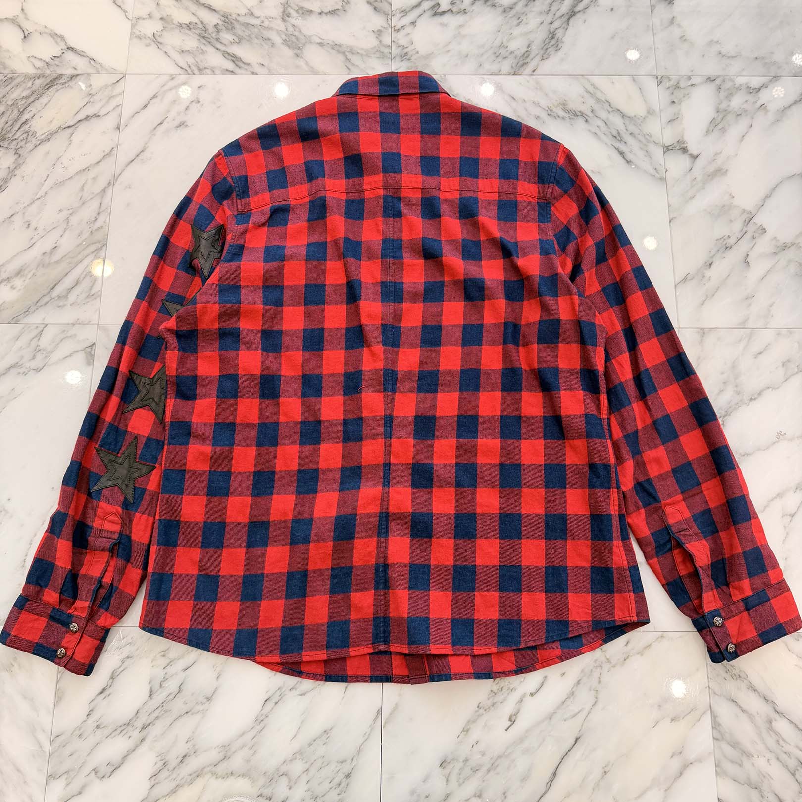 CHROME HEARTS Y NOT Loose Ends Star Leather Patch Check Shirt Size XXL クロムハーツ ワイノット ルーズエンド スターレザーパッチ チェックシャツ サイズXXL