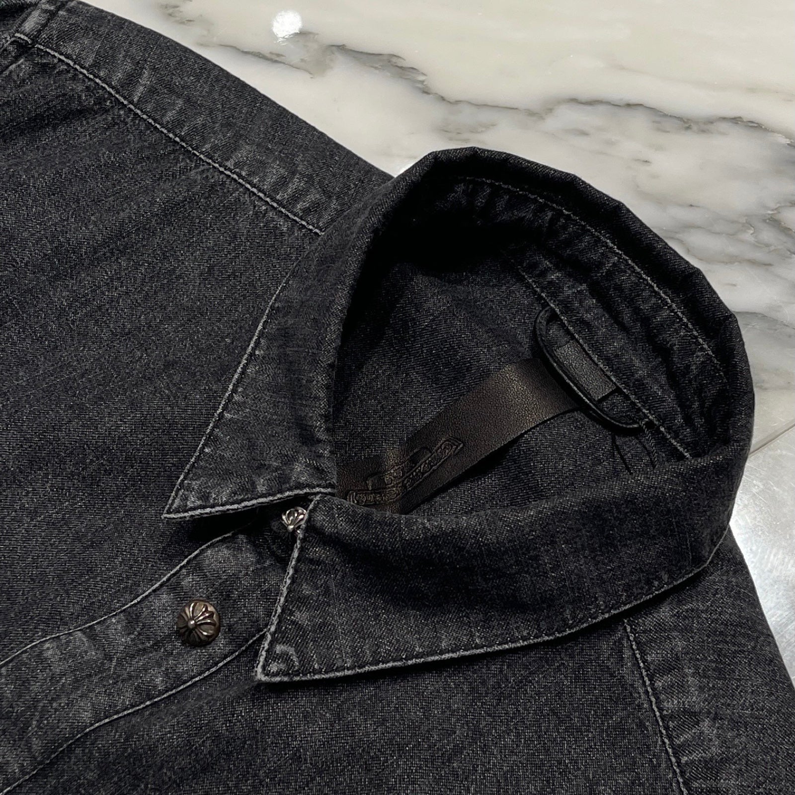 CHROME HEARTS YNOT Leather Cross Patch Denim Shirts Size L クロムハーツ ワイノット レザークロスパッチ デニムシャツ サイズL