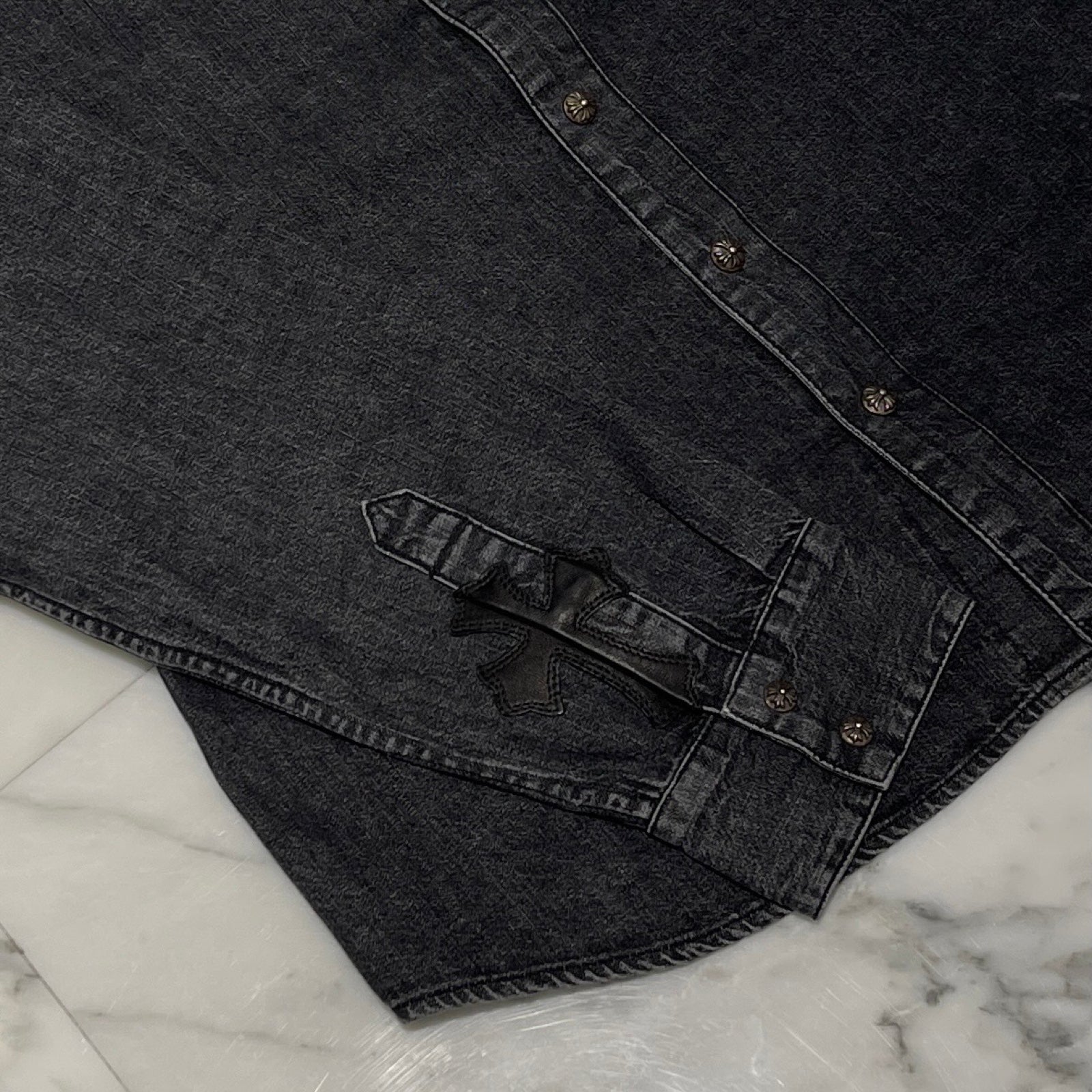 CHROME HEARTS YNOT Leather Cross Patch Denim Shirts Size L クロムハーツ ワイノット レザークロスパッチ デニムシャツ サイズL