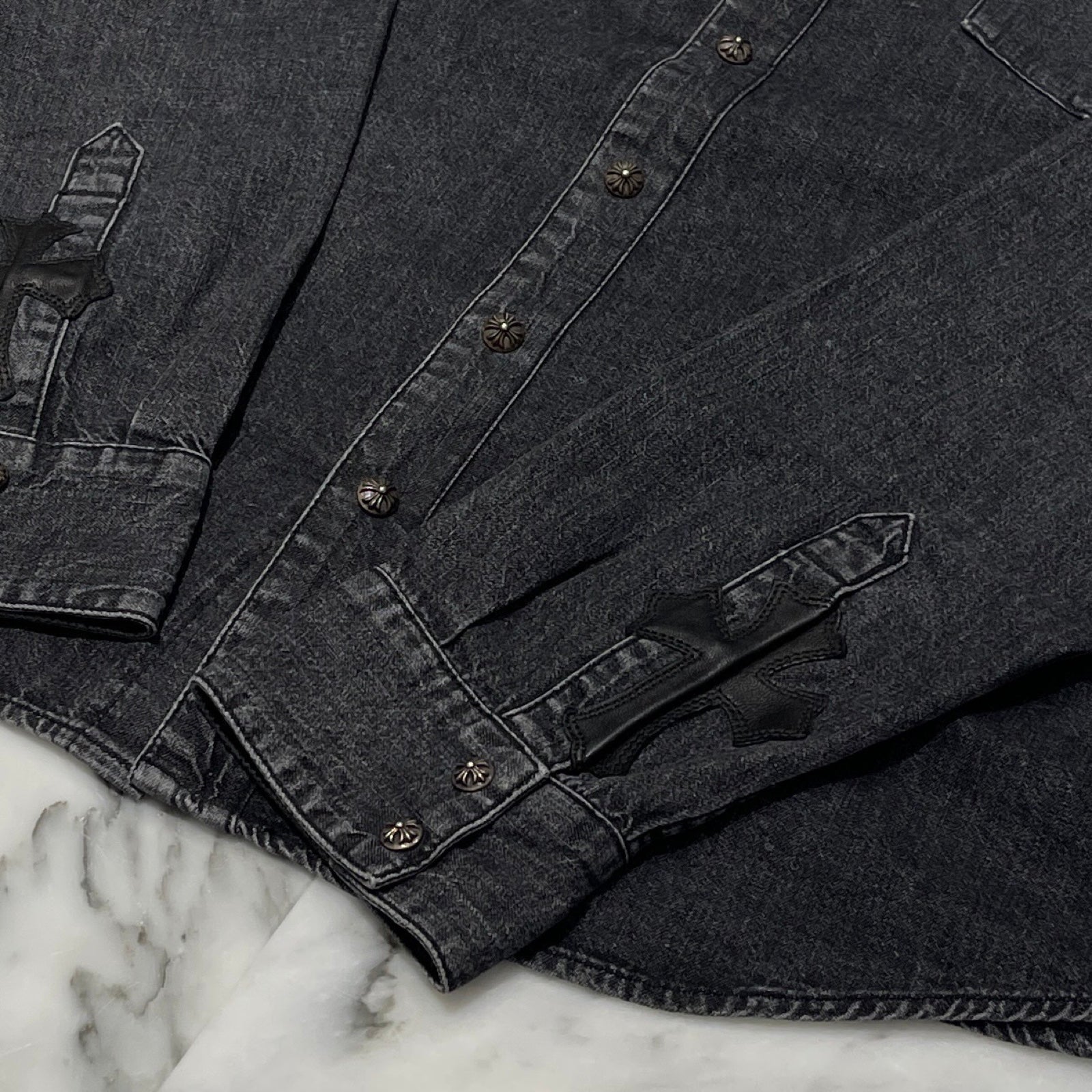 CHROME HEARTS YNOT Leather Cross Patch Denim Shirts Size L クロムハーツ ワイノット レザークロスパッチ デニムシャツ サイズL