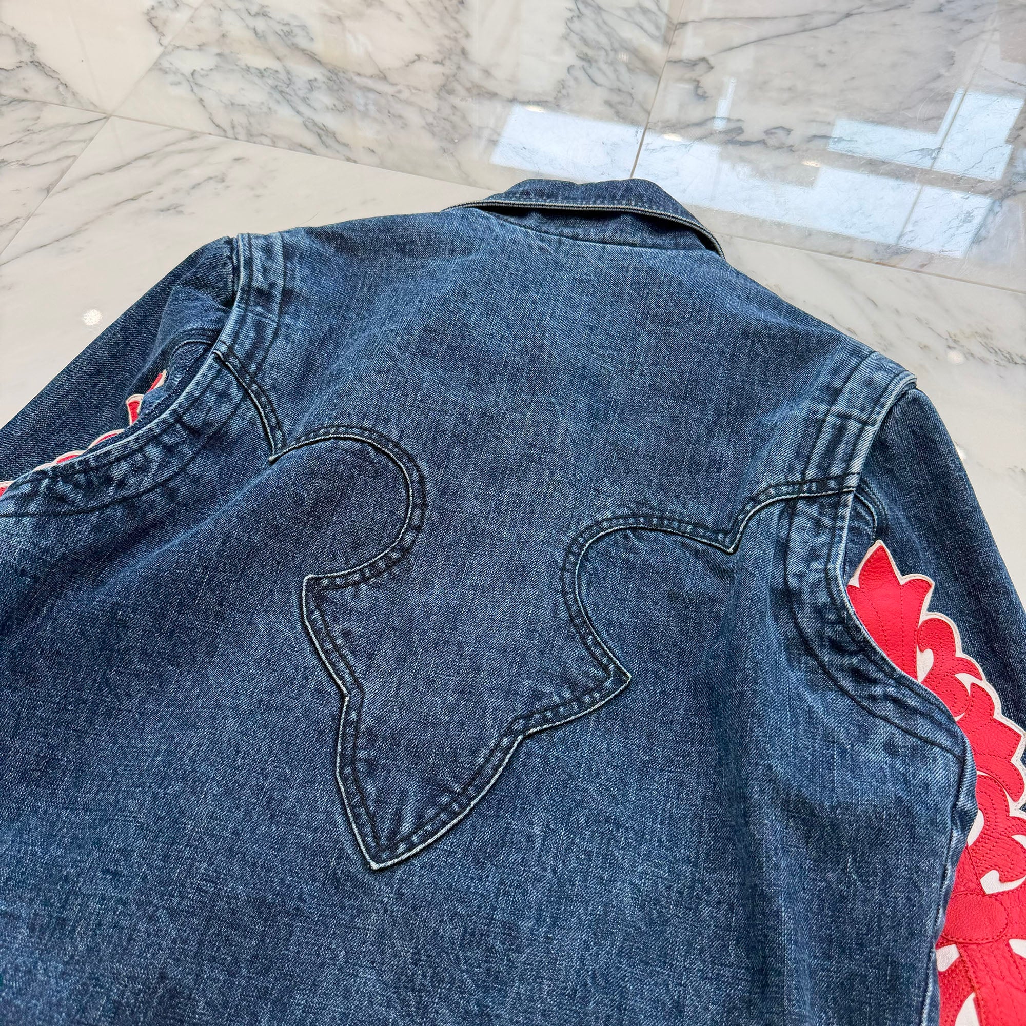 CHROME HEARTS Floral Cross Leather Patch Flare Knee Sleeve Denim