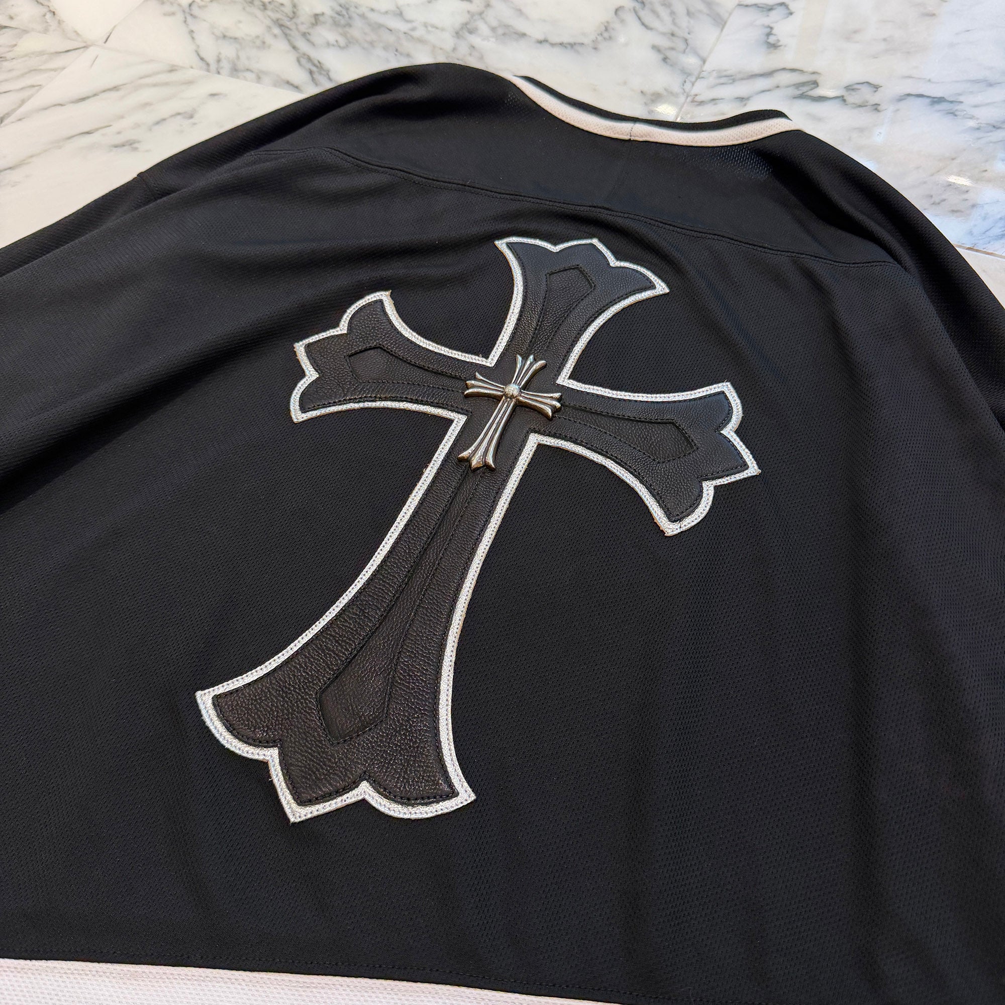 CHROME HEARTS Leather Silver Cross Patch Hockey Shirt Size XL クロムハーツ レザーシルバークロスパッチ ホッケーシャツ ジャージー サイズXL