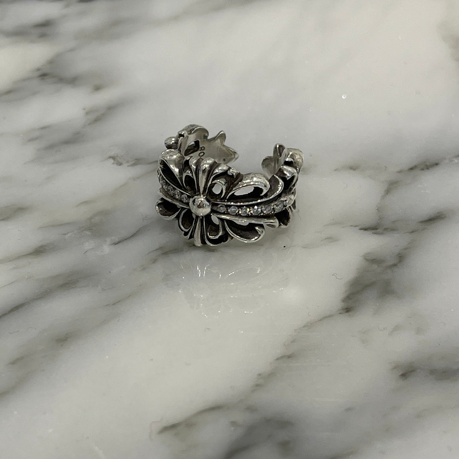 CHROME HEARTS DBL FLRL CRS Pave Diamond Ring Size 16号