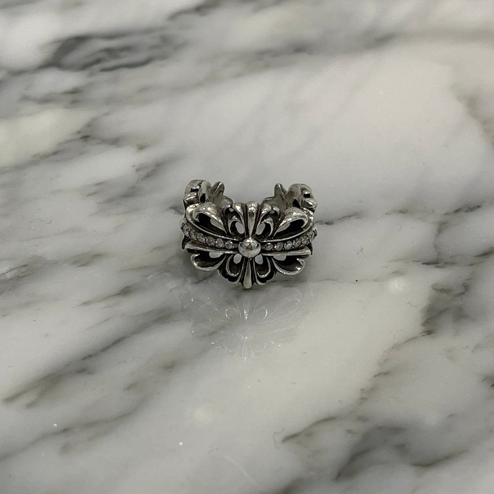 CHROME HEARTS DBL FLRL CRS Pave Diamond Ring Size 16号