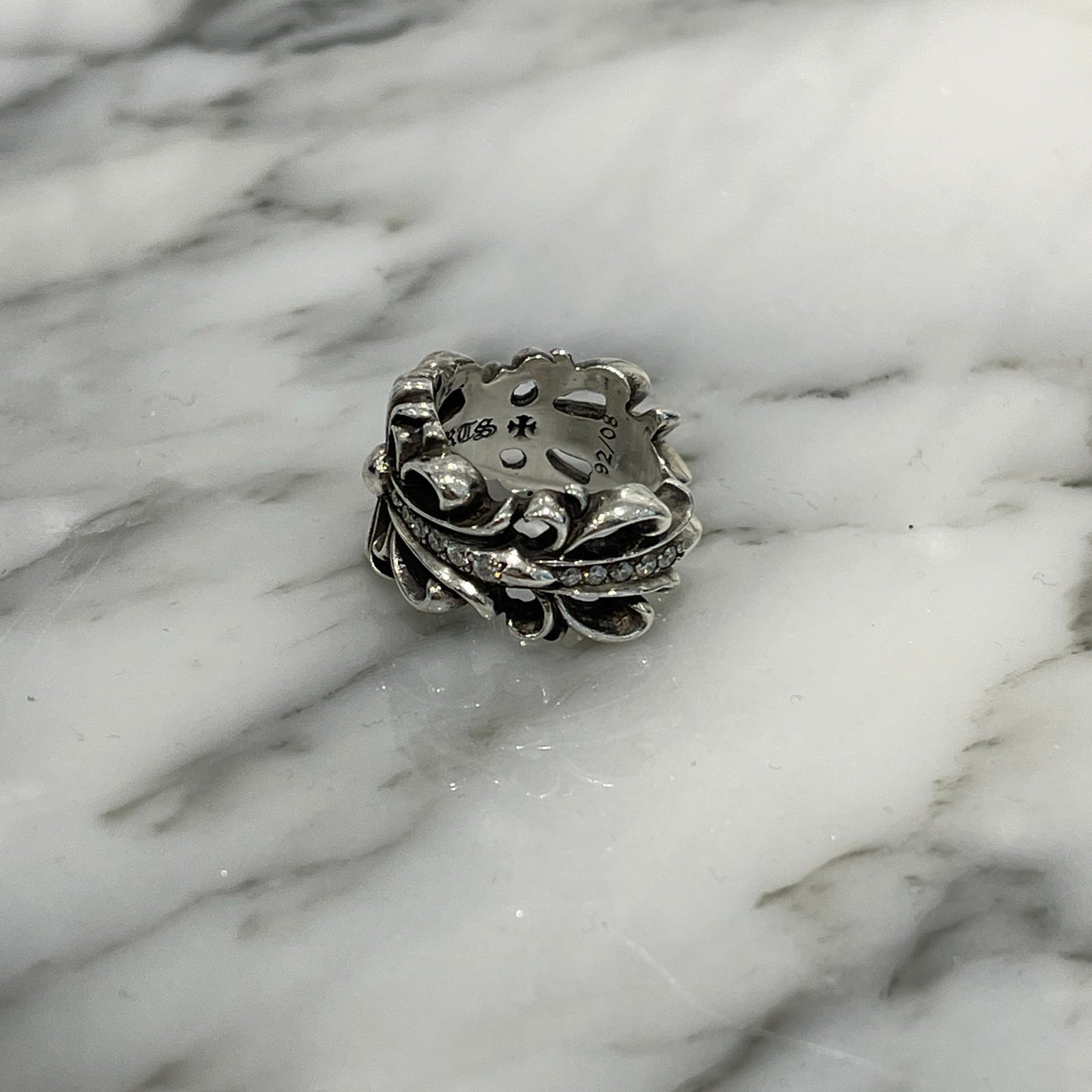 CHROME HEARTS DBL FLRL CRS Pave Diamond Ring Size 16号