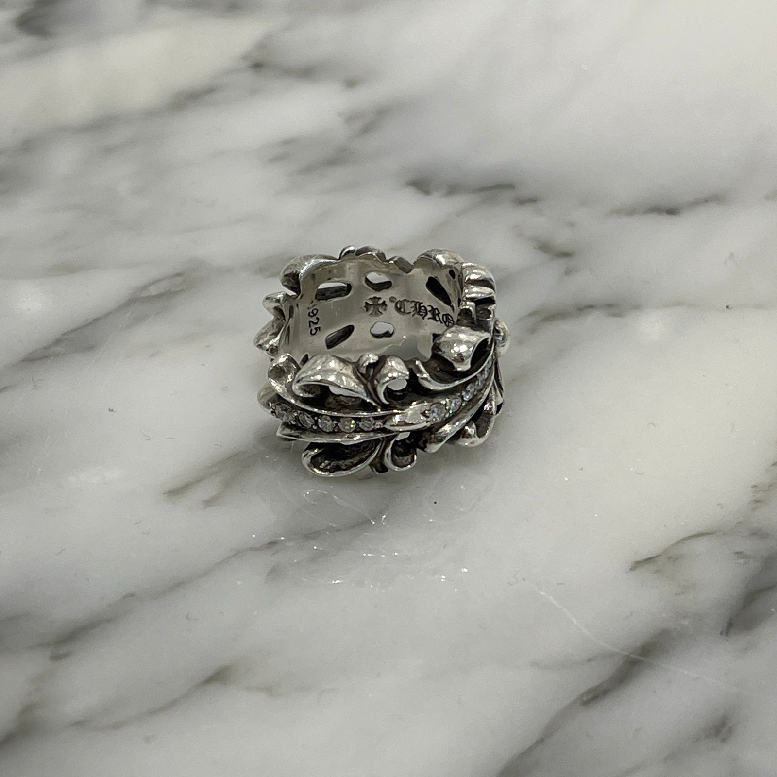 CHROME HEARTS DBL FLRL CRS Pave Diamond Ring Size 16号