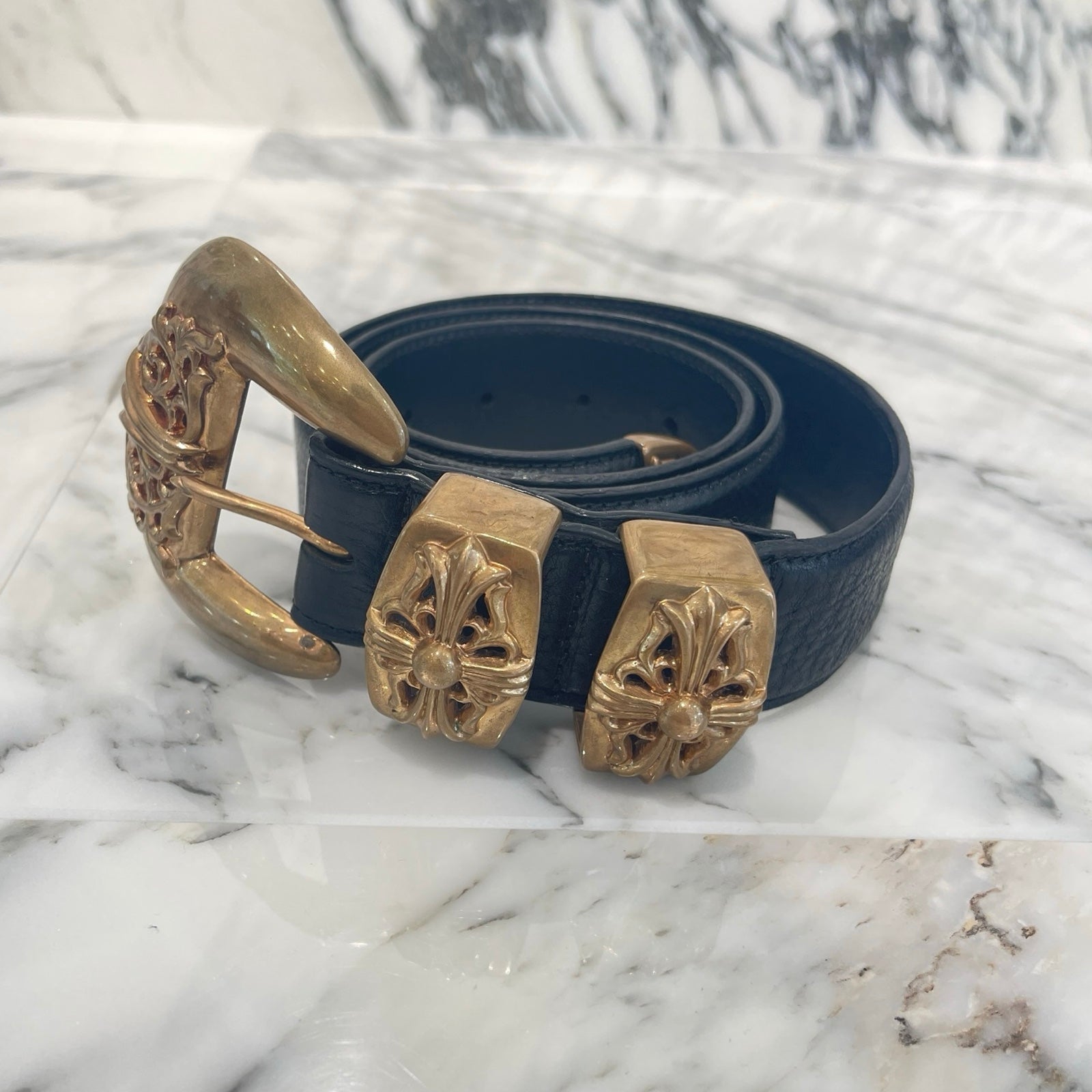 CHROME HEARTS 4PC Classic Bronze Leather Belt Size 36 クロムハーツ 4PC クラシック ブロンズ レザーベルト サイズ36