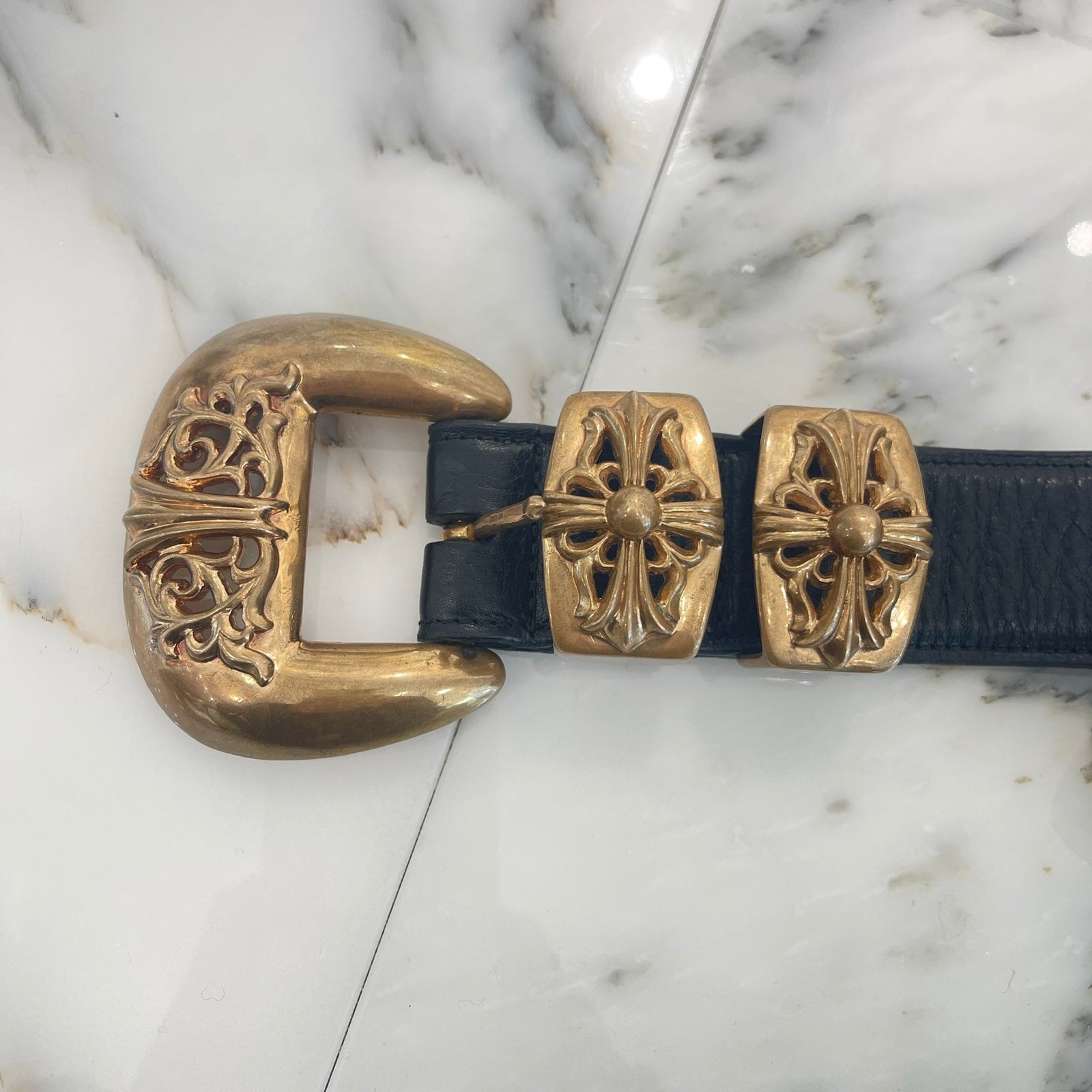 CHROME HEARTS 4PC Classic Bronze Leather Belt Size 36 クロムハーツ 4PC クラシック ブロンズ レザーベルト サイズ36