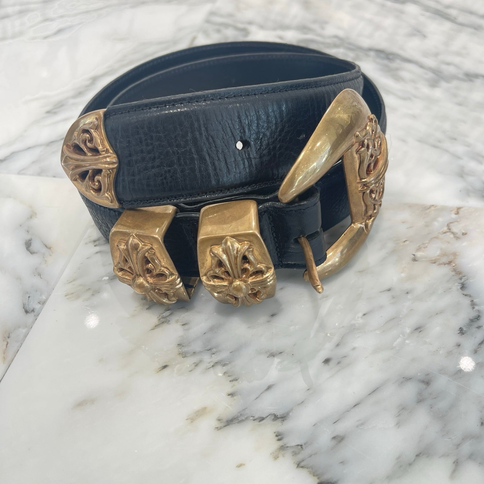 CHROME HEARTS 4PC Classic Bronze Leather Belt Size 36 クロムハーツ 4PC クラシック ブロンズ レザーベルト サイズ36