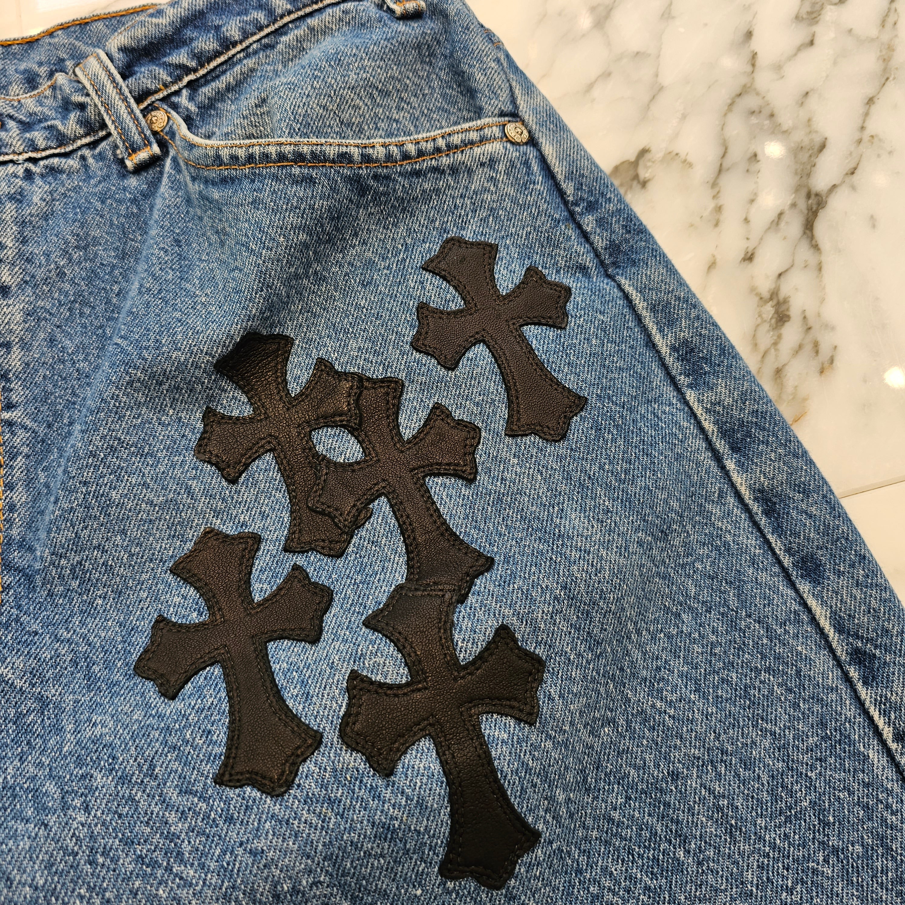 CHROME HEARTS × Levi's 505 VNTG Cross Leather Patch Denim Pants Size 33 クロムハーツ × リーバイス 505 ヴィンテージ クロスレザーパッチ デニムパンツ サイズ33