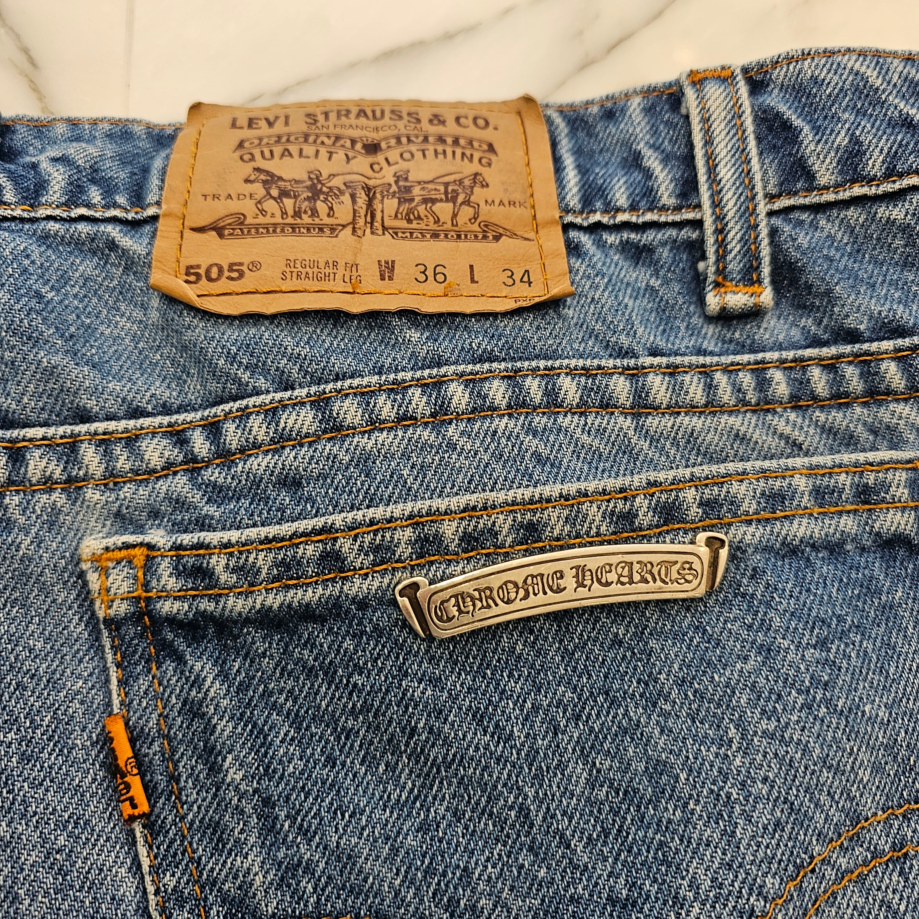 CHROME HEARTS × Levi's 505 VNTG Cross Leather Patch Denim Pants Size 33 クロムハーツ × リーバイス 505 ヴィンテージ クロスレザーパッチ デニムパンツ サイズ33