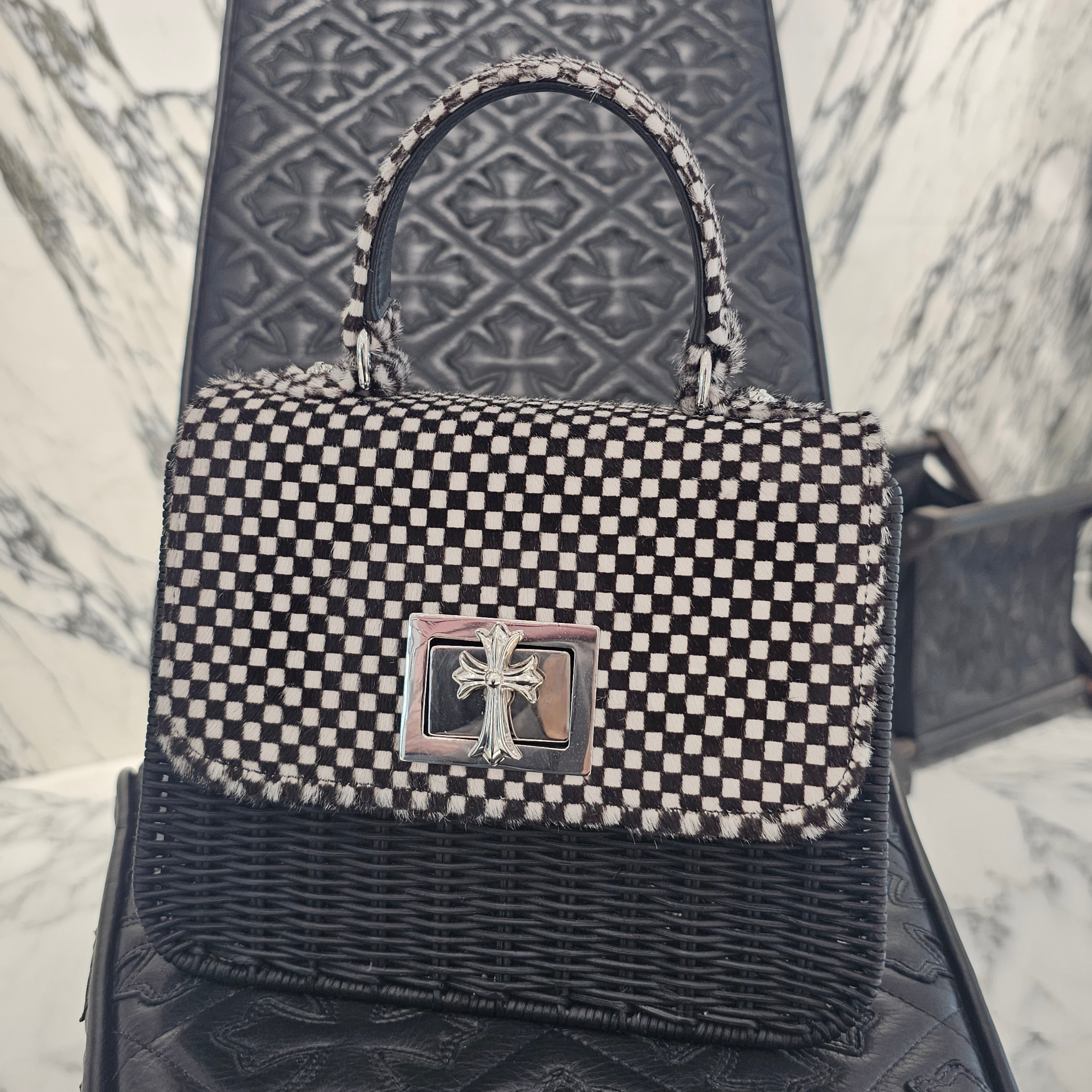 CHROME HEARTS CH Cross Harako Leather Checkerboard Straw Bag クロムハーツ CHクロス ハラコレザー チェッカーボード ストローバッグ