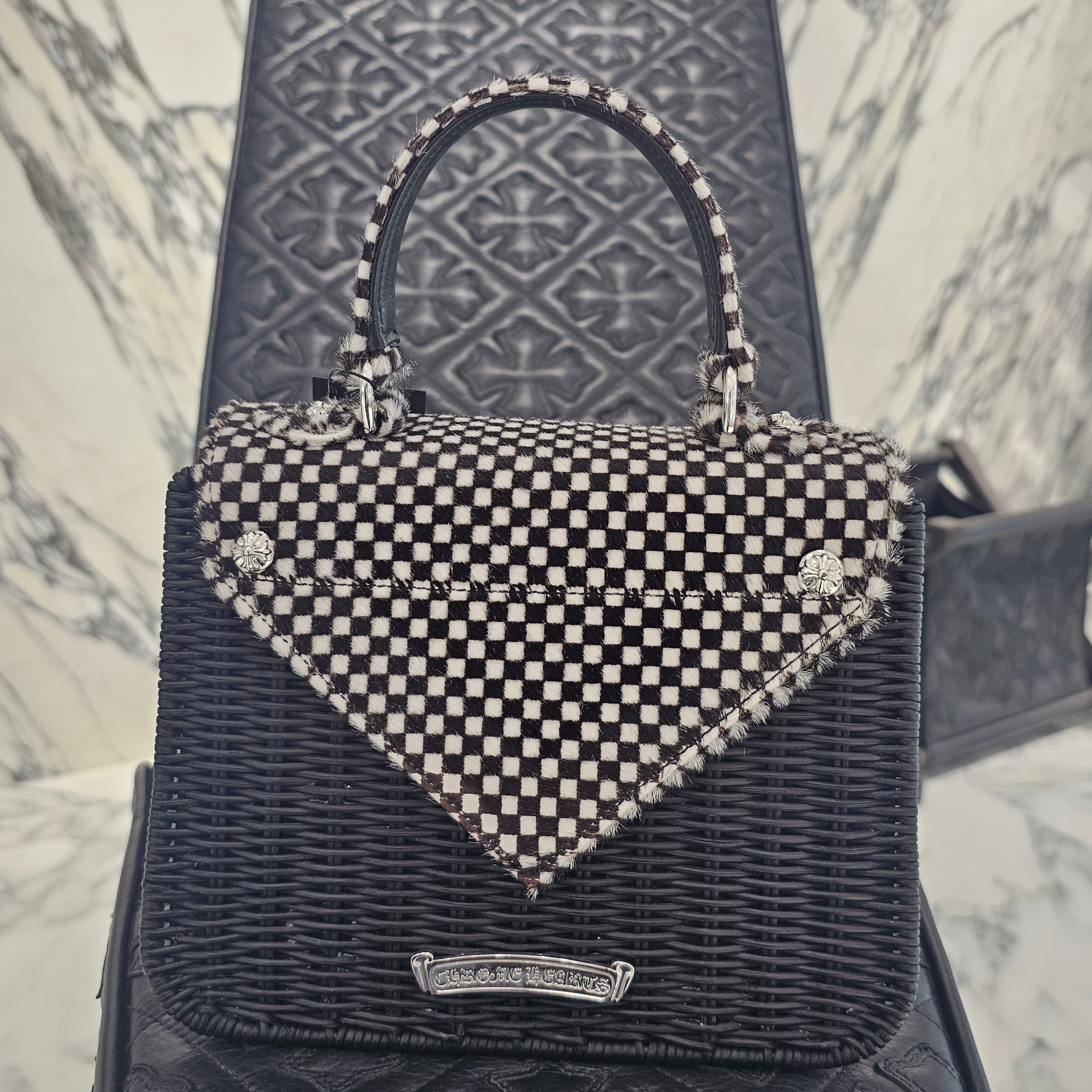 CHROME HEARTS CH Cross Harako Leather Checkerboard Straw Bag クロムハーツ CHクロス ハラコレザー チェッカーボード ストローバッグ