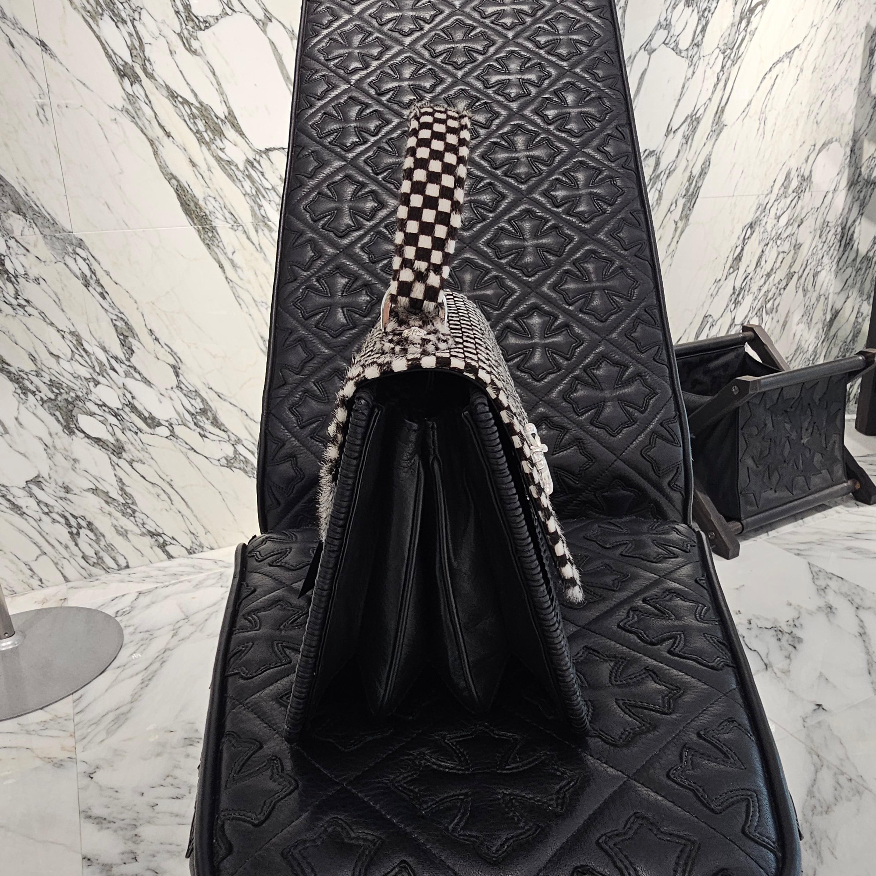 CHROME HEARTS CH Cross Harako Leather Checkerboard Straw Bag クロムハーツ CHクロス ハラコレザー チェッカーボード ストローバッグ