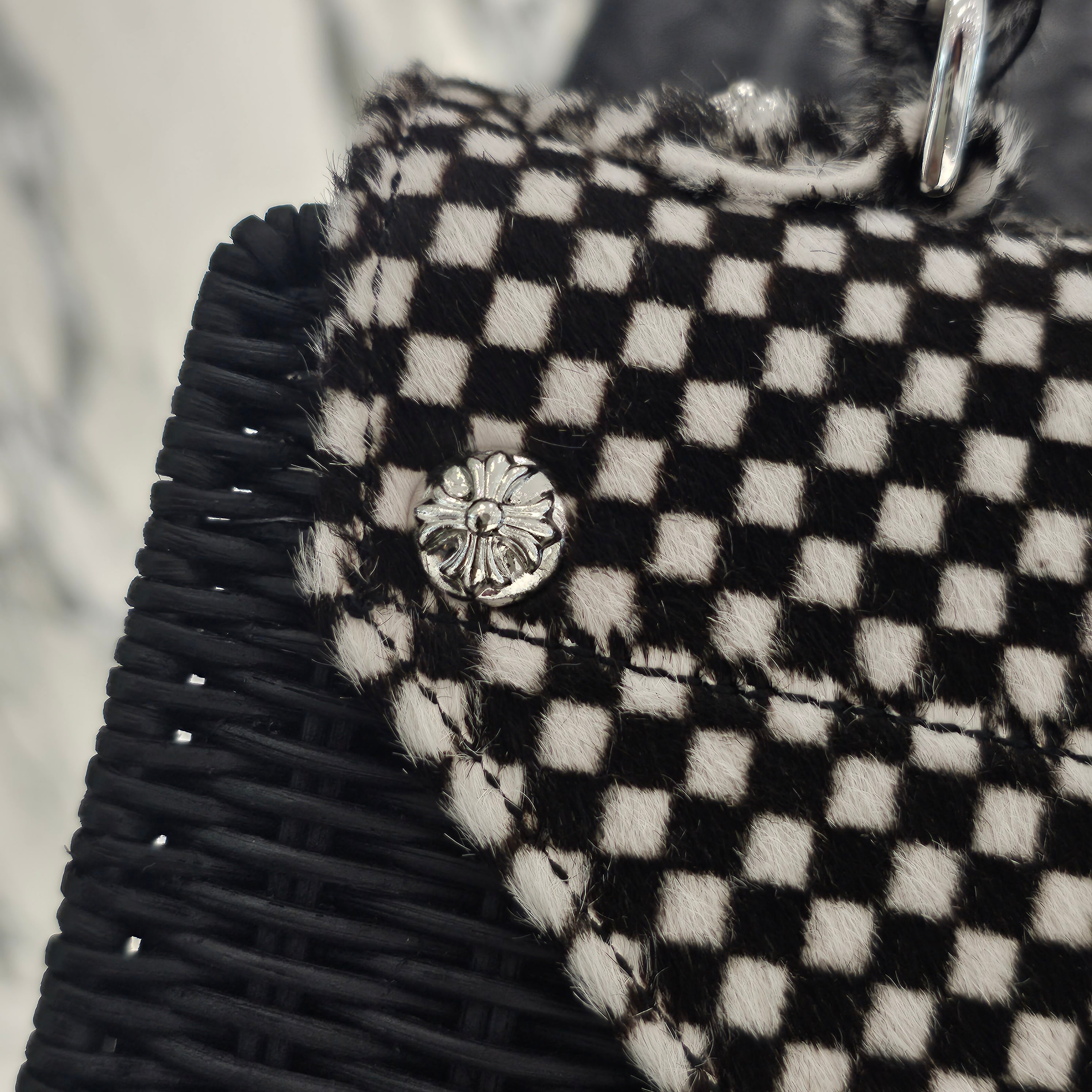 CHROME HEARTS CH Cross Harako Leather Checkerboard Straw Bag クロムハーツ CHクロス ハラコレザー チェッカーボード ストローバッグ