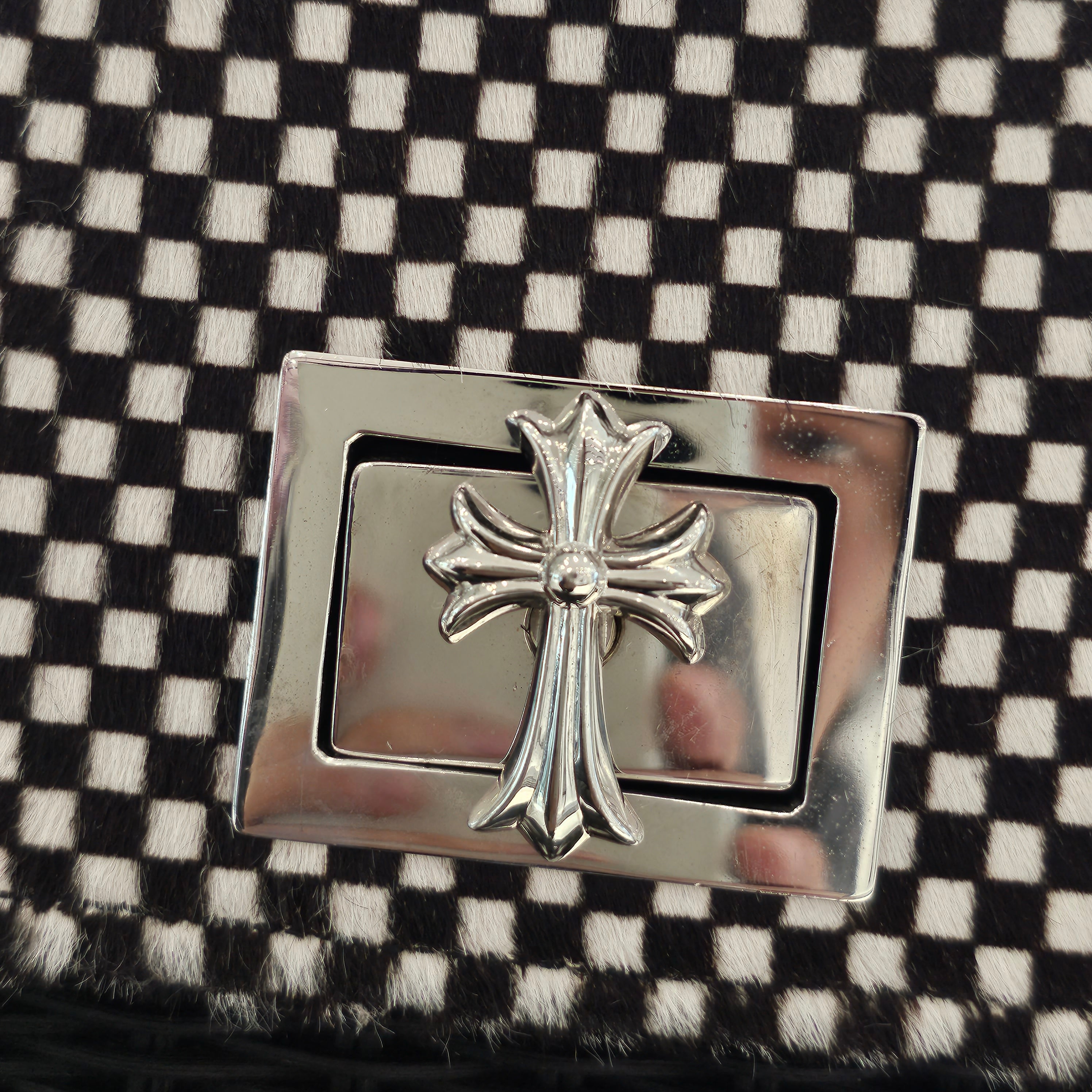 CHROME HEARTS CH Cross Harako Leather Checkerboard Straw Bag クロムハーツ CHクロス ハラコレザー チェッカーボード ストローバッグ
