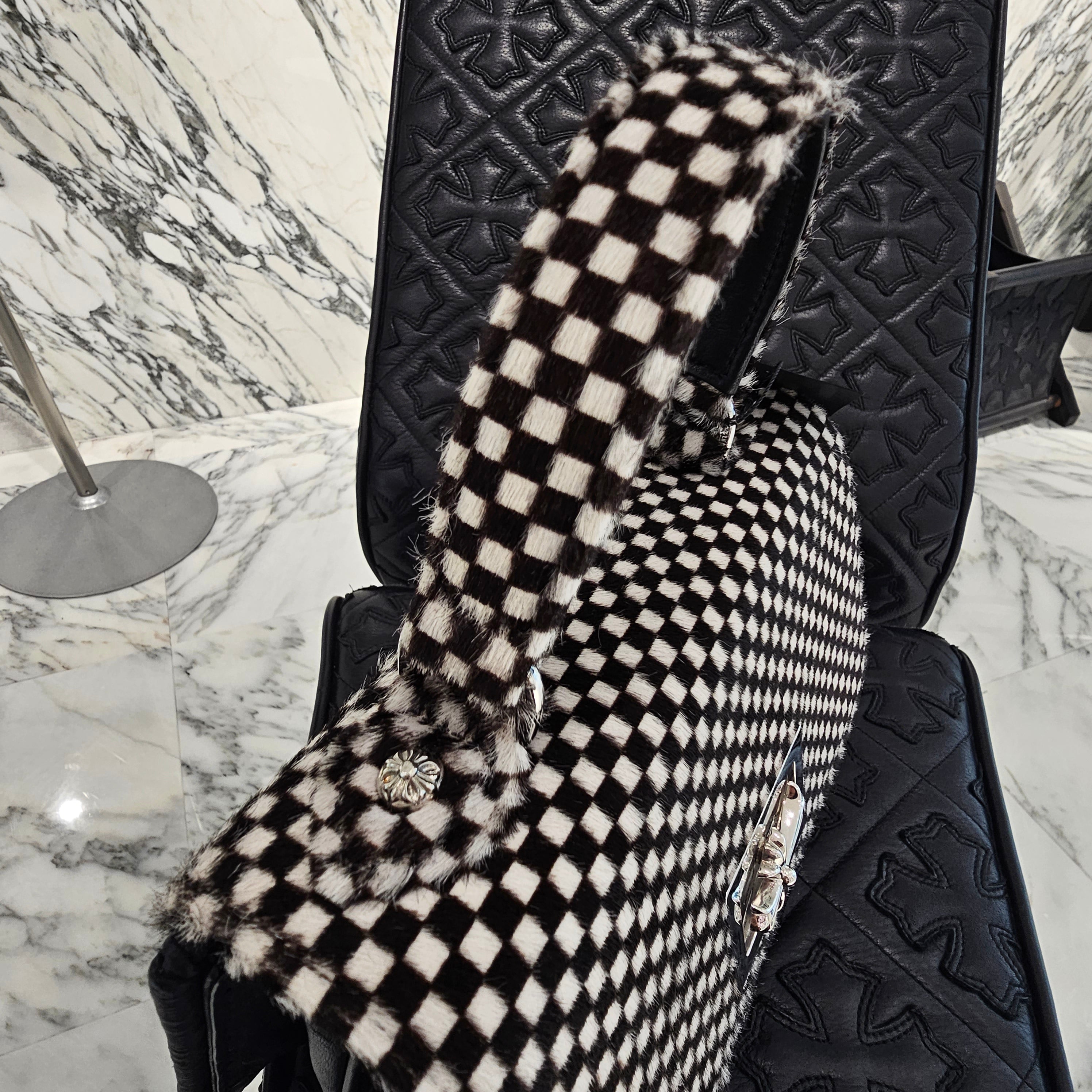 CHROME HEARTS CH Cross Harako Leather Checkerboard Straw Bag クロムハーツ CHクロス ハラコレザー チェッカーボード ストローバッグ