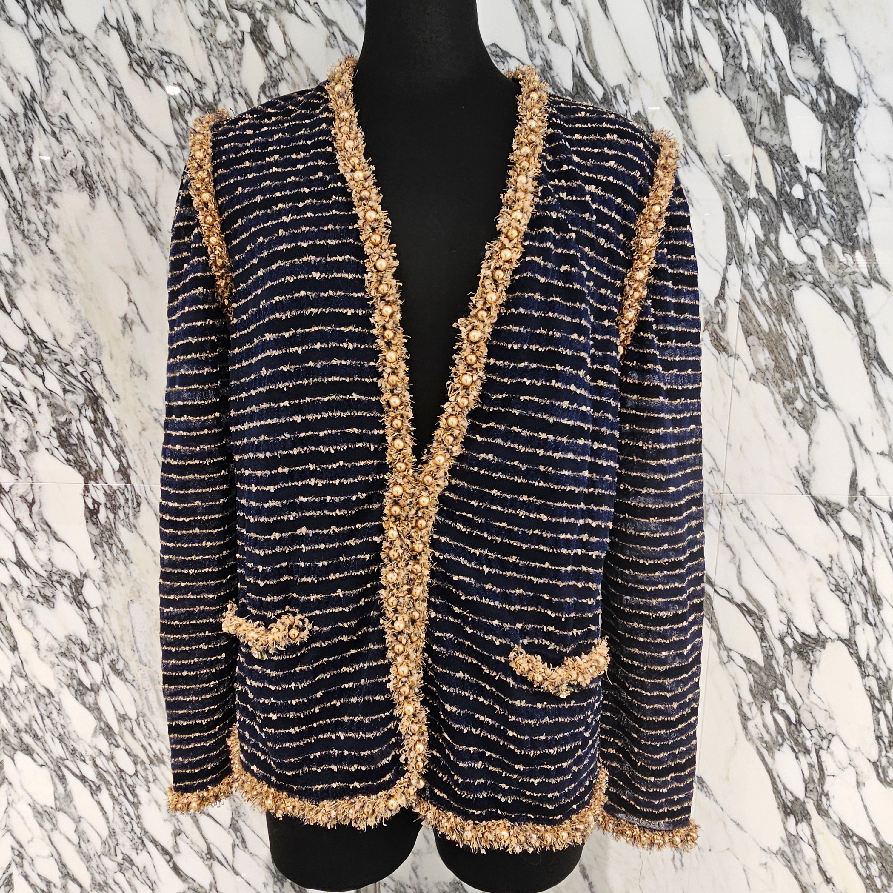 CHANEL 2015 Cruise Gold Pearl Decoration Glitter Cardigan P50939K06525 Size 42 シャネル 2015クルーズ ゴールド パール装飾 グリッター カーディガン サイズ42