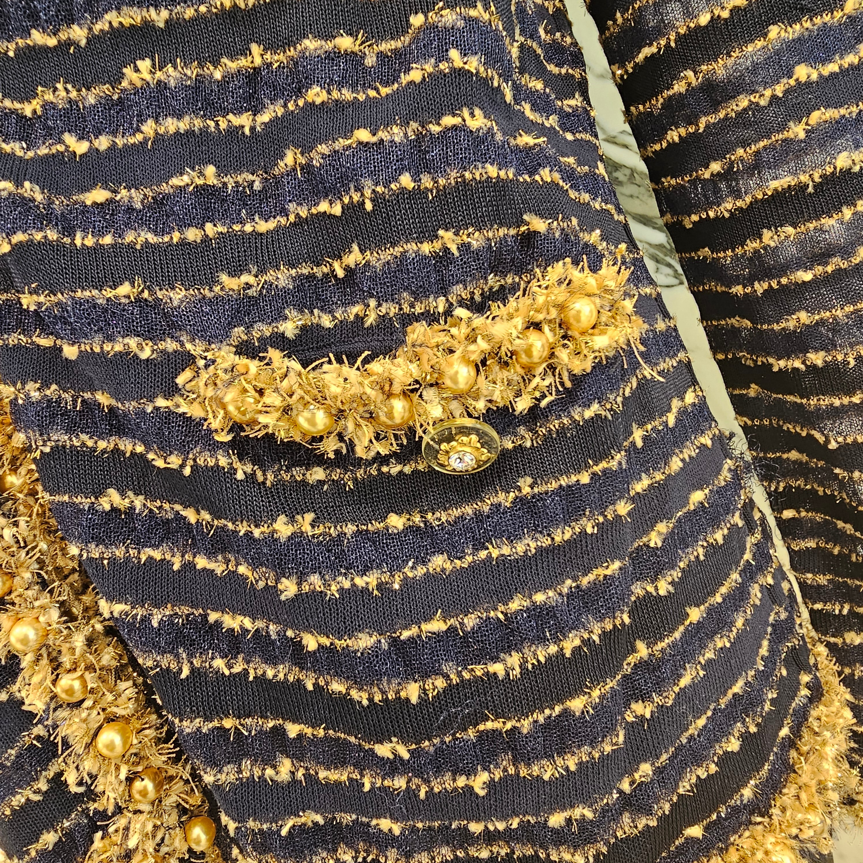 CHANEL 2015 Cruise Gold Pearl Decoration Glitter Cardigan P50939K06525 Size 42 シャネル 2015クルーズ ゴールド パール装飾 グリッター カーディガン サイズ42