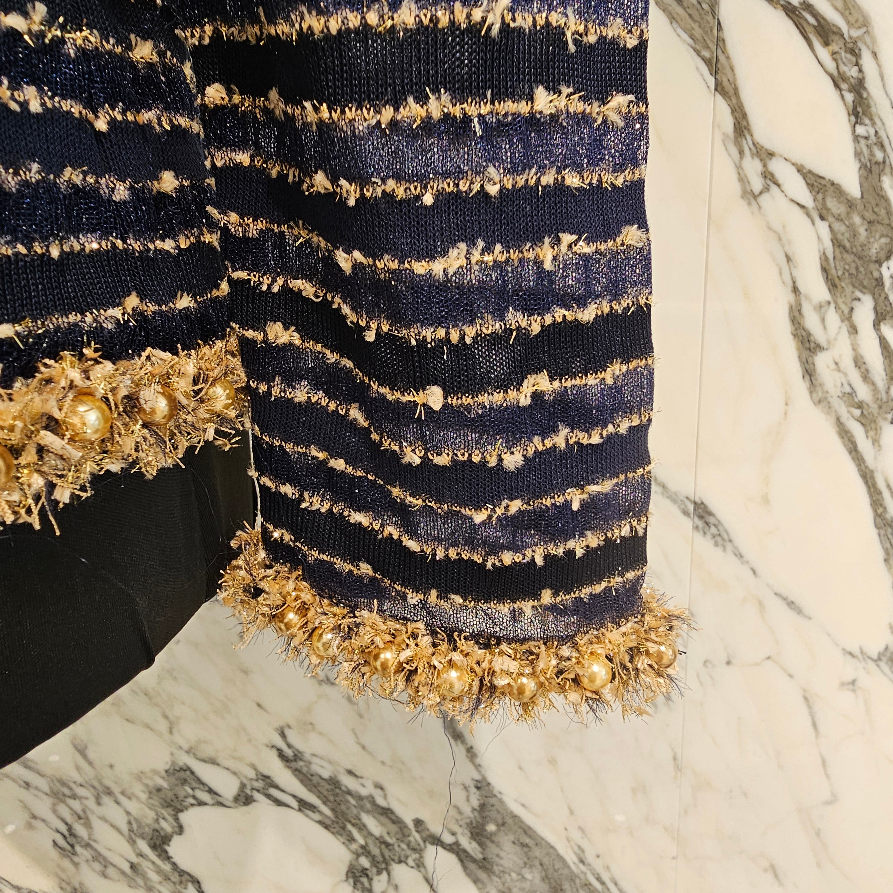 CHANEL 2015 Cruise Gold Pearl Decoration Glitter Cardigan P50939K06525 Size 42 シャネル 2015クルーズ ゴールド パール装飾 グリッター カーディガン サイズ42