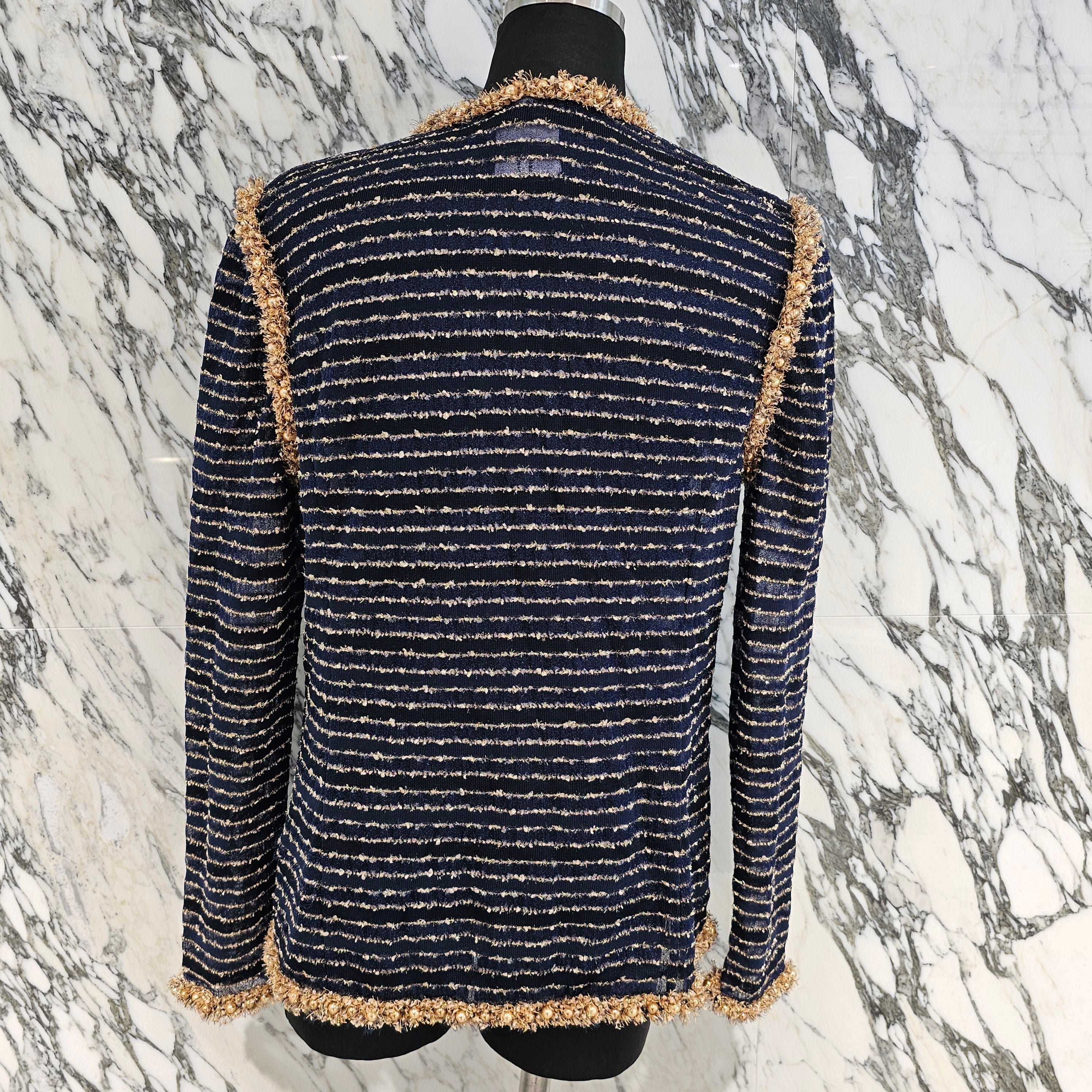 CHANEL 2015 Cruise Gold Pearl Decoration Glitter Cardigan P50939K06525 Size 42 シャネル 2015クルーズ ゴールド パール装飾 グリッター カーディガン サイズ42