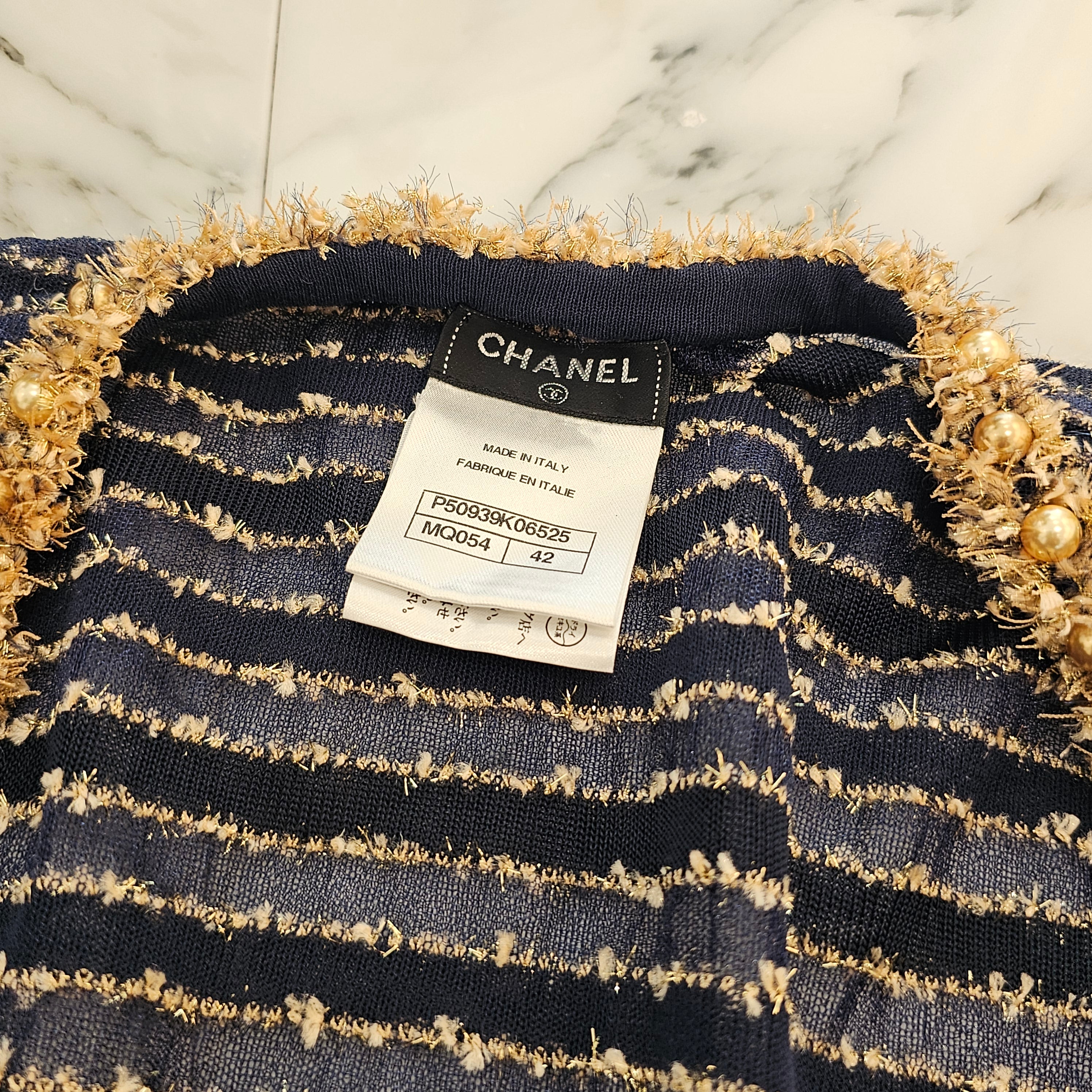 CHANEL 2015 Cruise Gold Pearl Decoration Glitter Cardigan P50939K06525 Size 42 シャネル 2015クルーズ ゴールド パール装飾 グリッター カーディガン サイズ42
